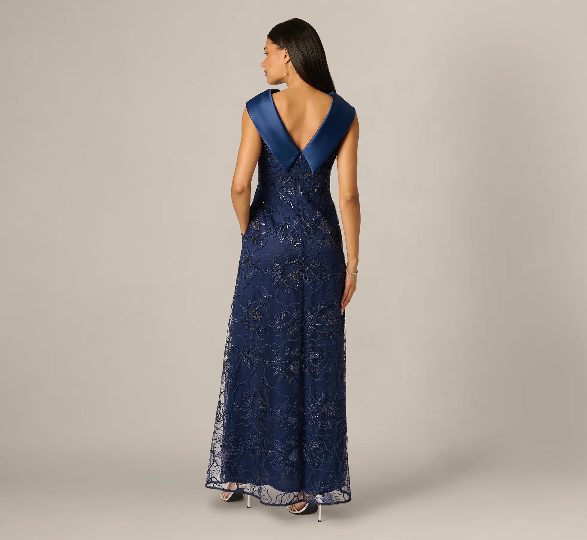 Floral Embroidered Satin Roll Collar Gown In Midnight