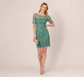 3D Floral Beaded Dress With Sheer Short Sleeves In Green Slate