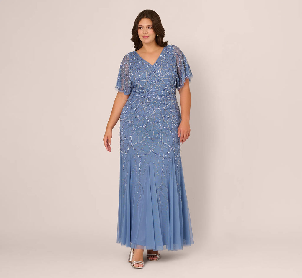 Plus Size Flutter Sleeve Surplice Beaded Gown In French Blue