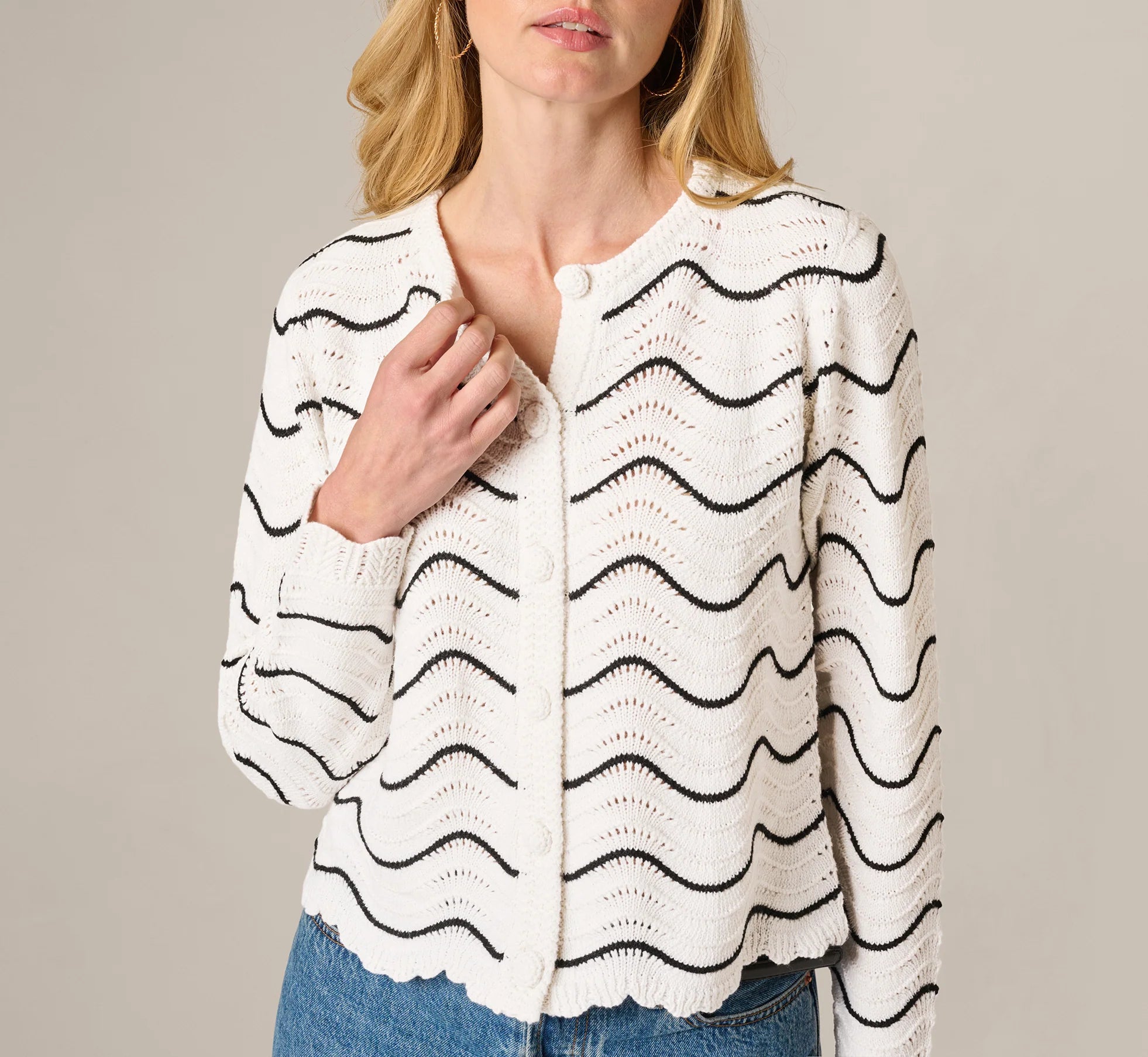 Open Pointelle Scalloped Cardigan Sweater In Glacier Black