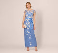 Short Sleeve Floral Embroidered Gown With Ribbon Tie Waist In French Blue Multi