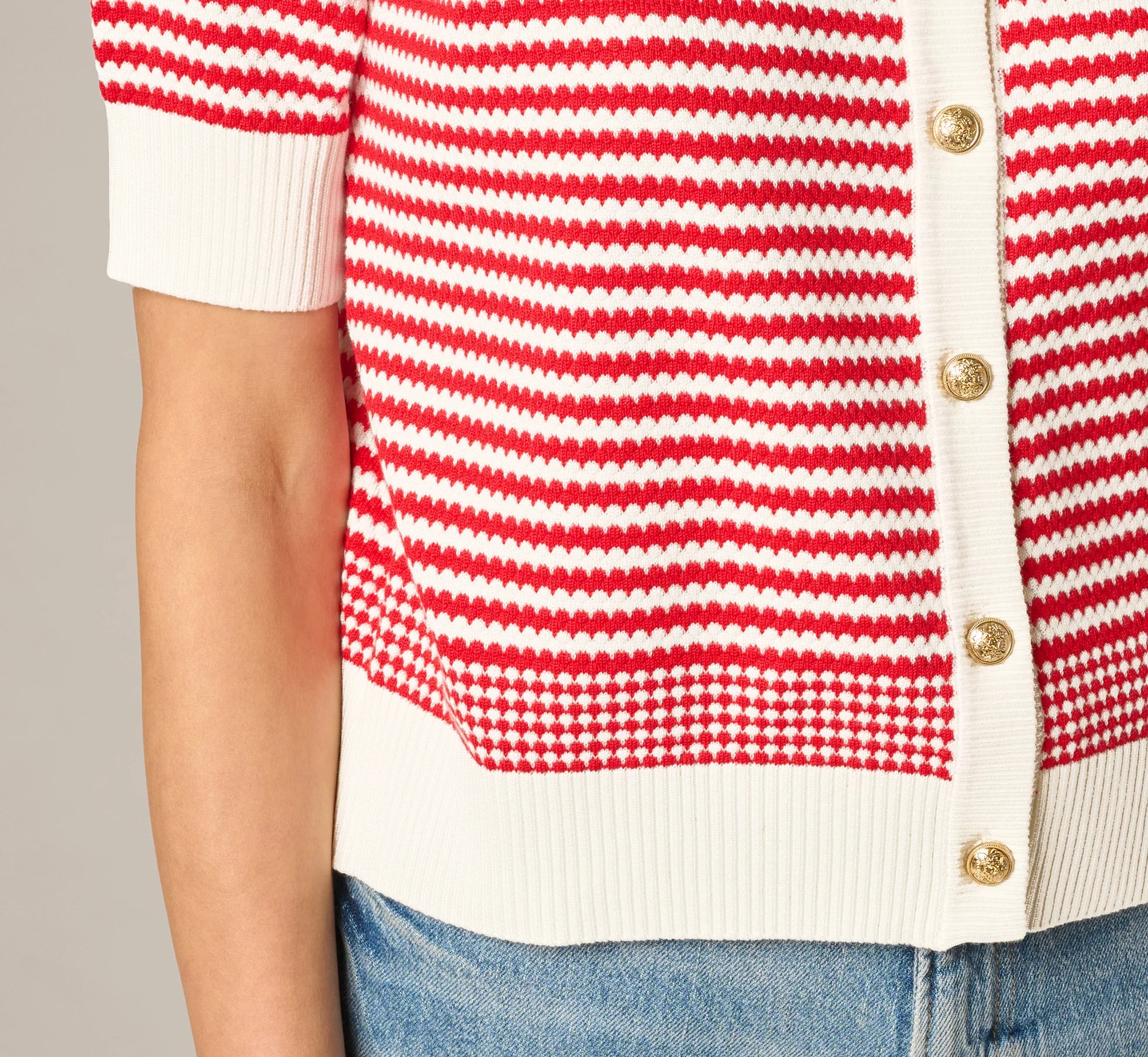 Short Sleeve Metallic Button Cardigan Sweater In Ivory Red