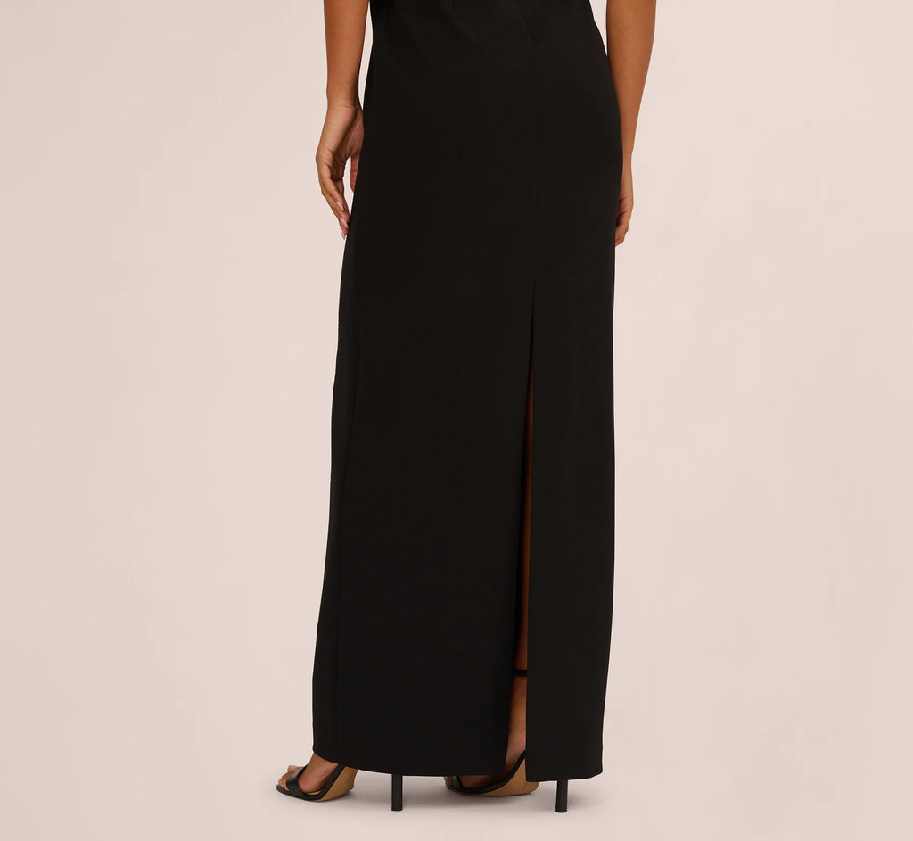 Short Sleeve Stretch Crepe Pearly Beaded Gown In Black Ivory
