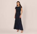 Jasmine Beaded Blouson Gown With Sheer Short Sleeves In Navy Black
