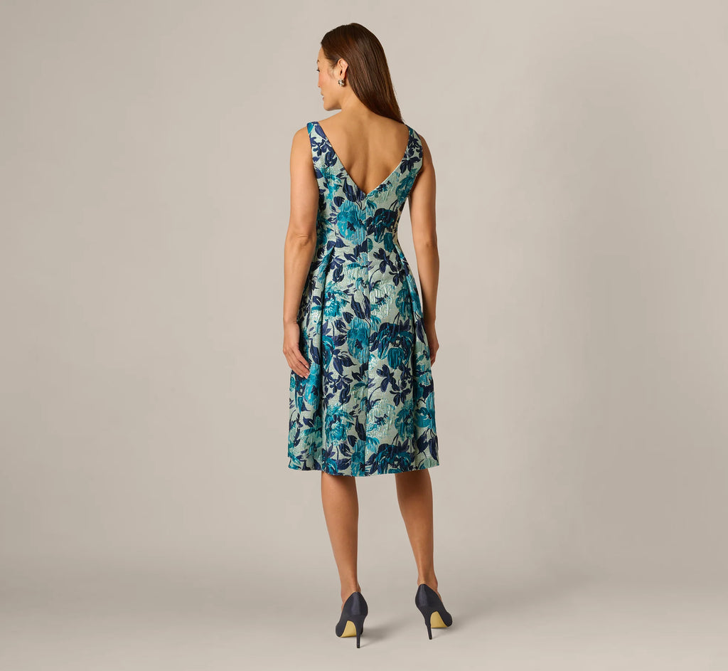 Metallic Floral Jacquard Boat Neck Fit And Flare In Blue Multi