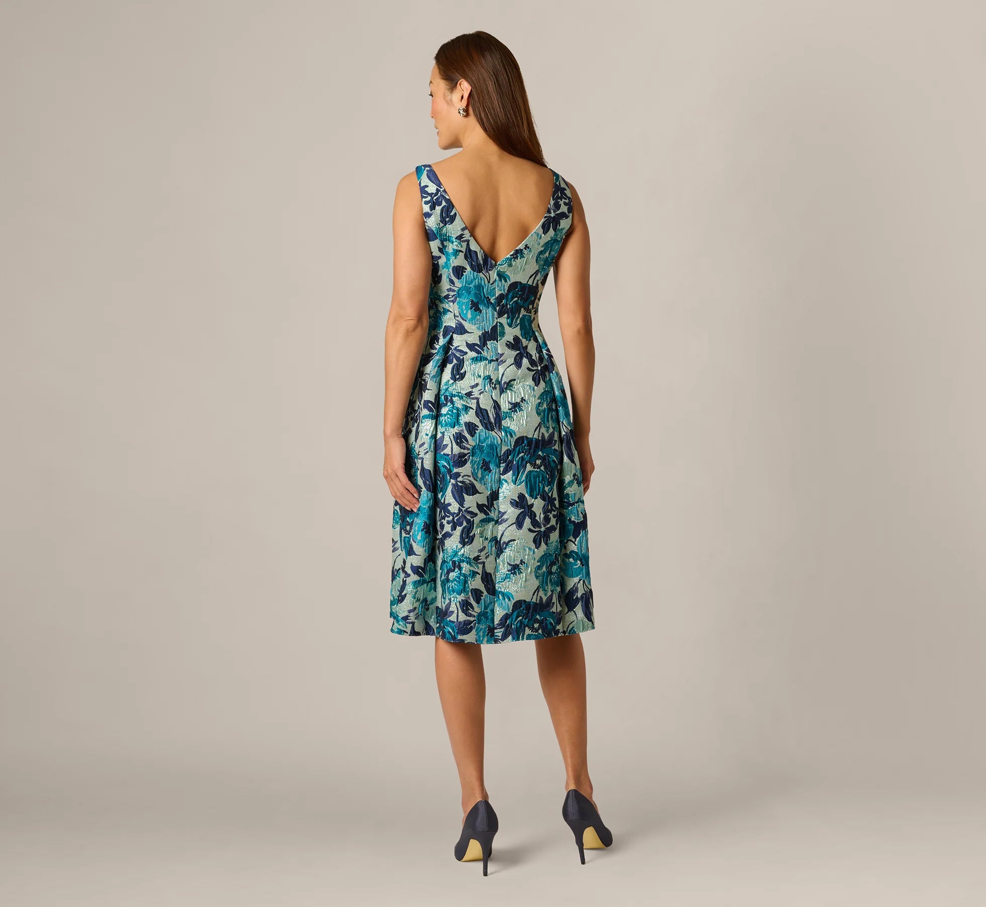 Metallic Floral Jacquard Boat Neck Fit And Flare In Blue Multi