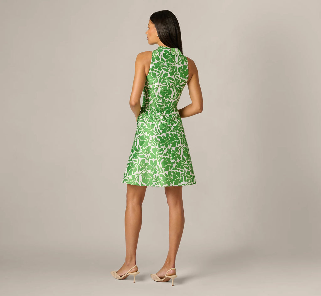 Sleeveless Printed Tie Front Short Dress In Ivory Green