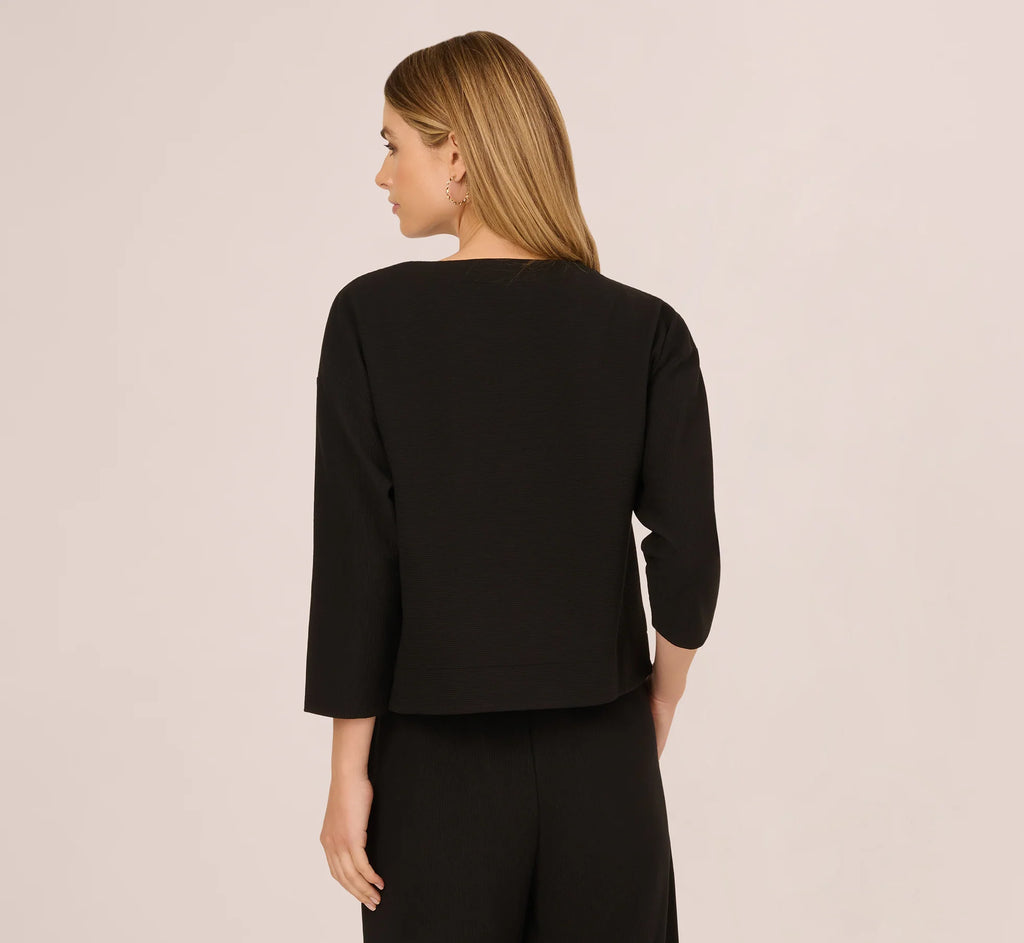 Three Quarter Sleeve Drop Shoulder Rib Knit Top In Black