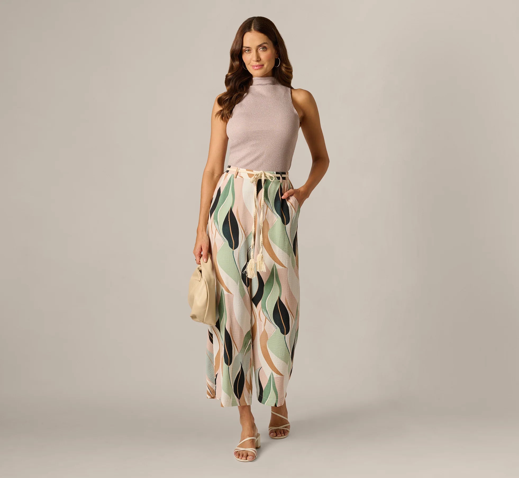 Rope Belt Floral Printed Wide Leg Pant In Seafoam Flowing Leaf