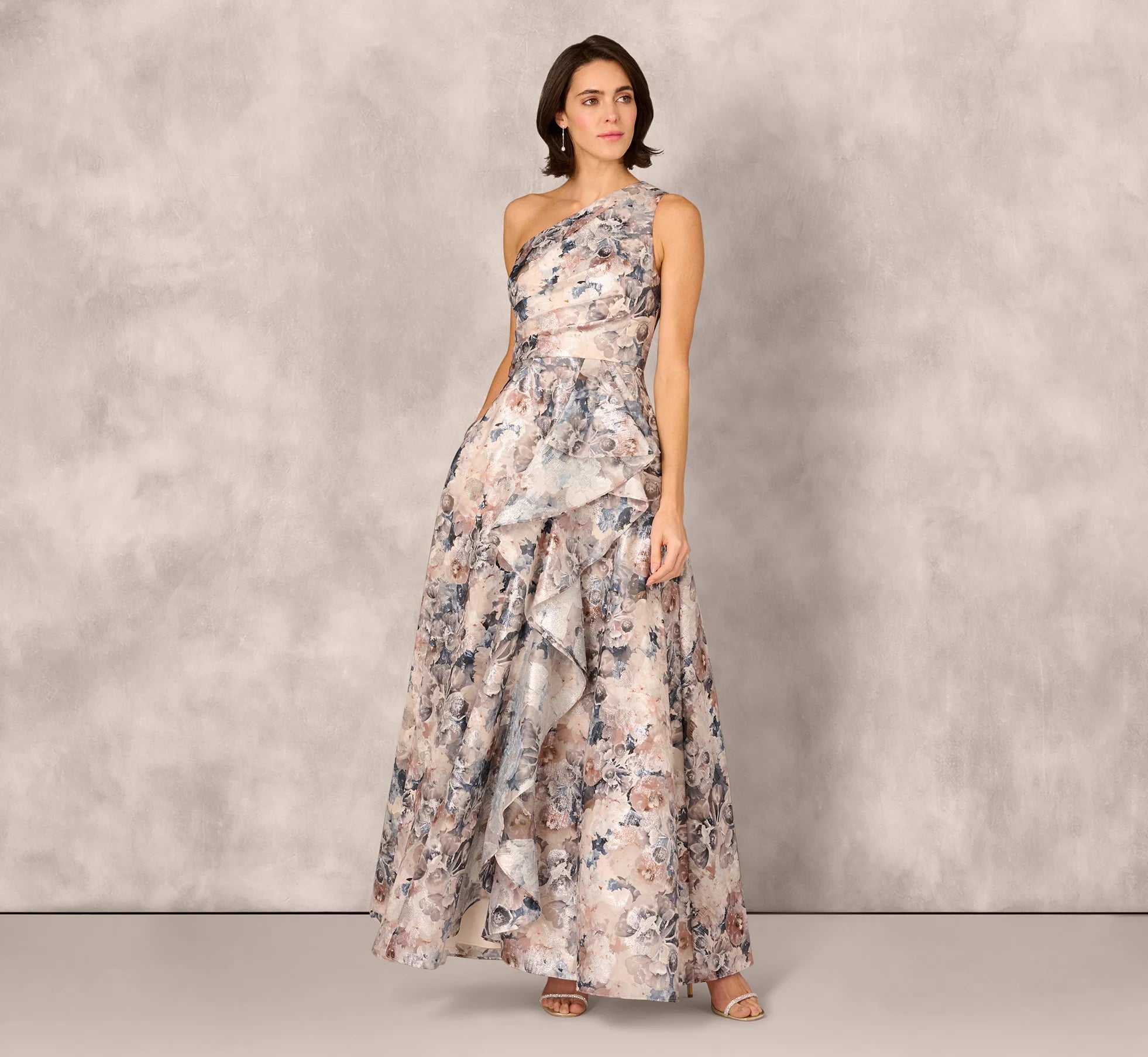 One Shoulder Floral Jacquard Ruffle Gown In Blue Multi