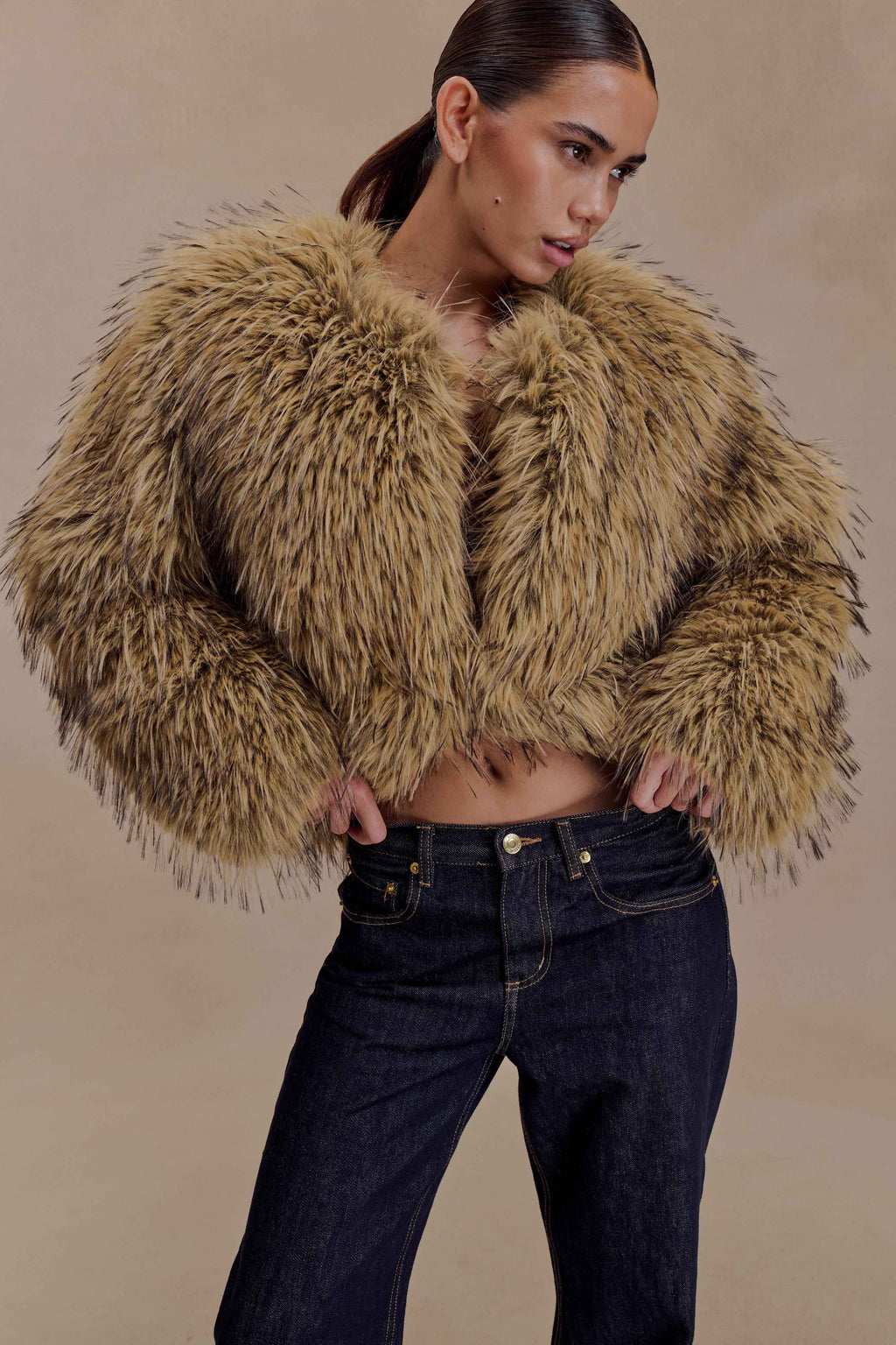 Ottie Mongolian Faux Fur Cropped Jacket - Brown Multi