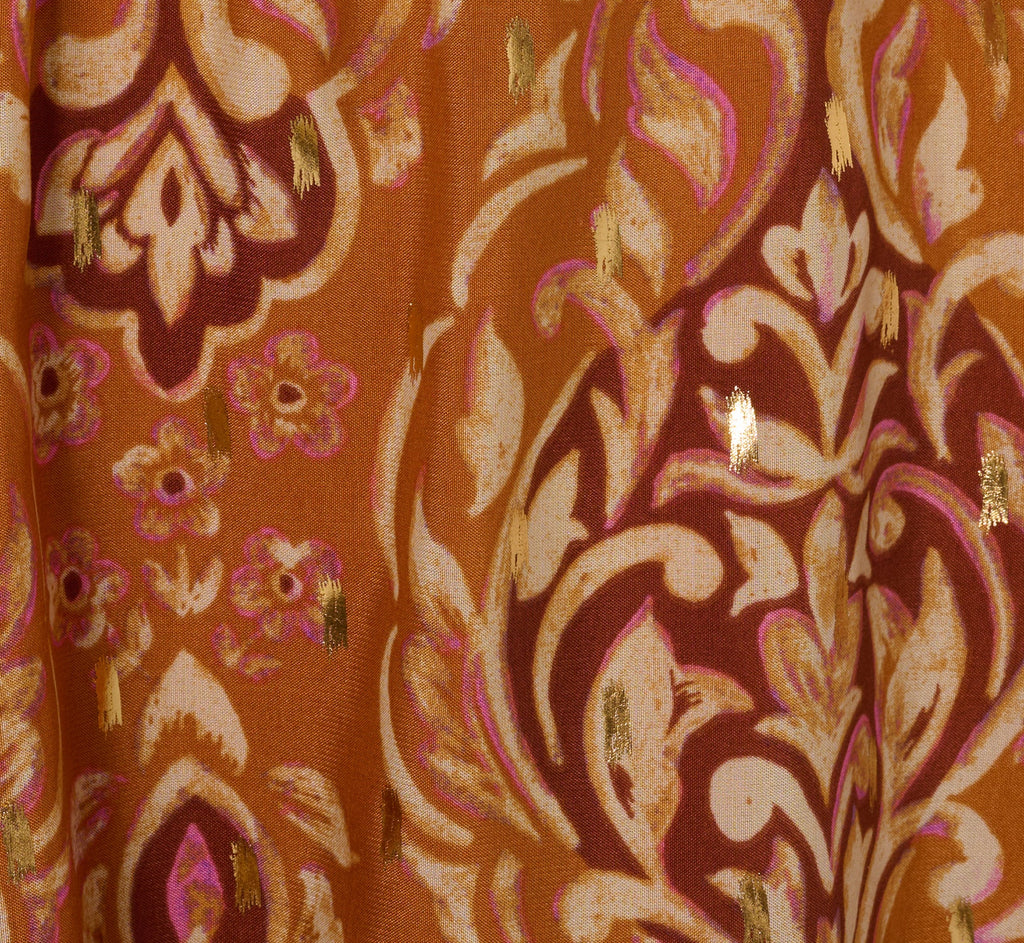 Bishop Sleeve Metallic Paisley A Line Dress In Brown Multi