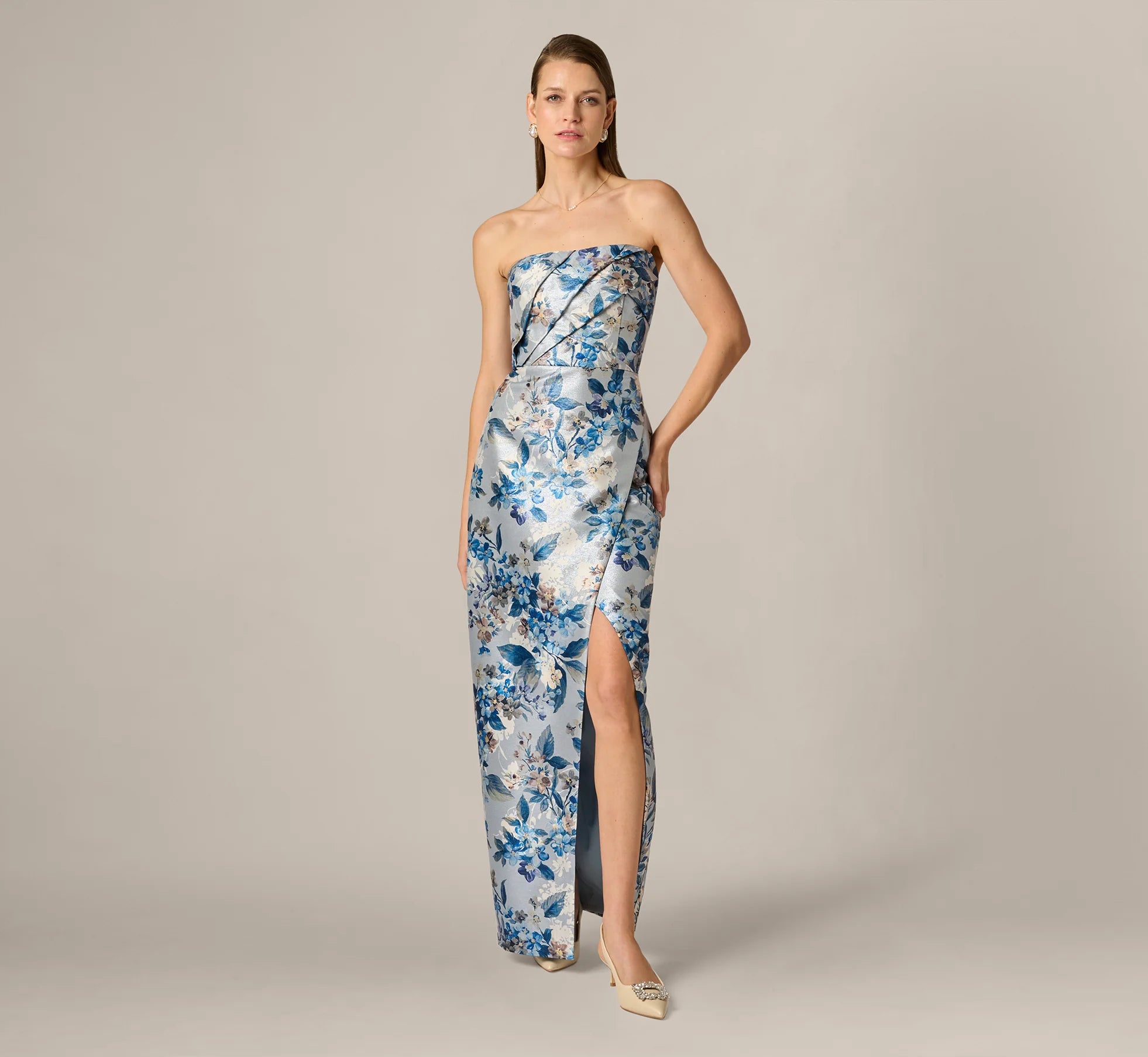 Strapless Pleated Floral Jacquard Wrap Gown In Blue Multi