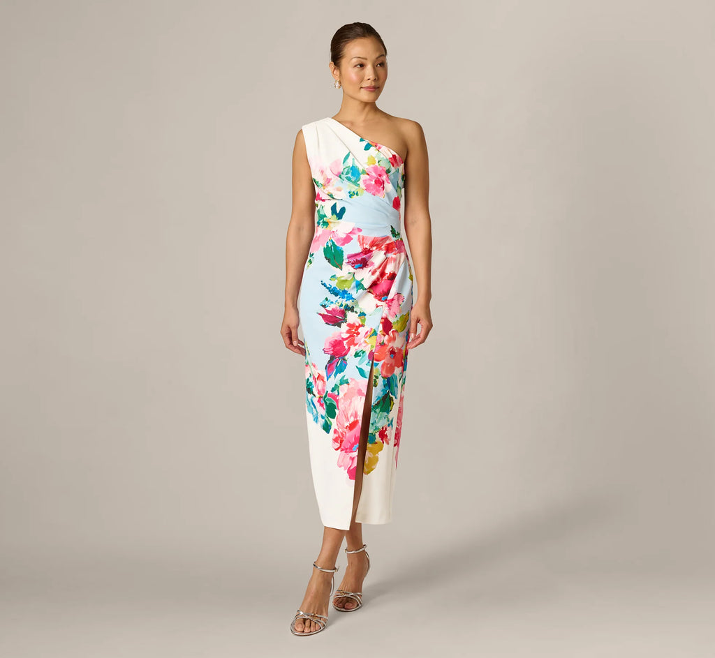 One Shoulder Floral Twill Midi Dress In Blue Multi