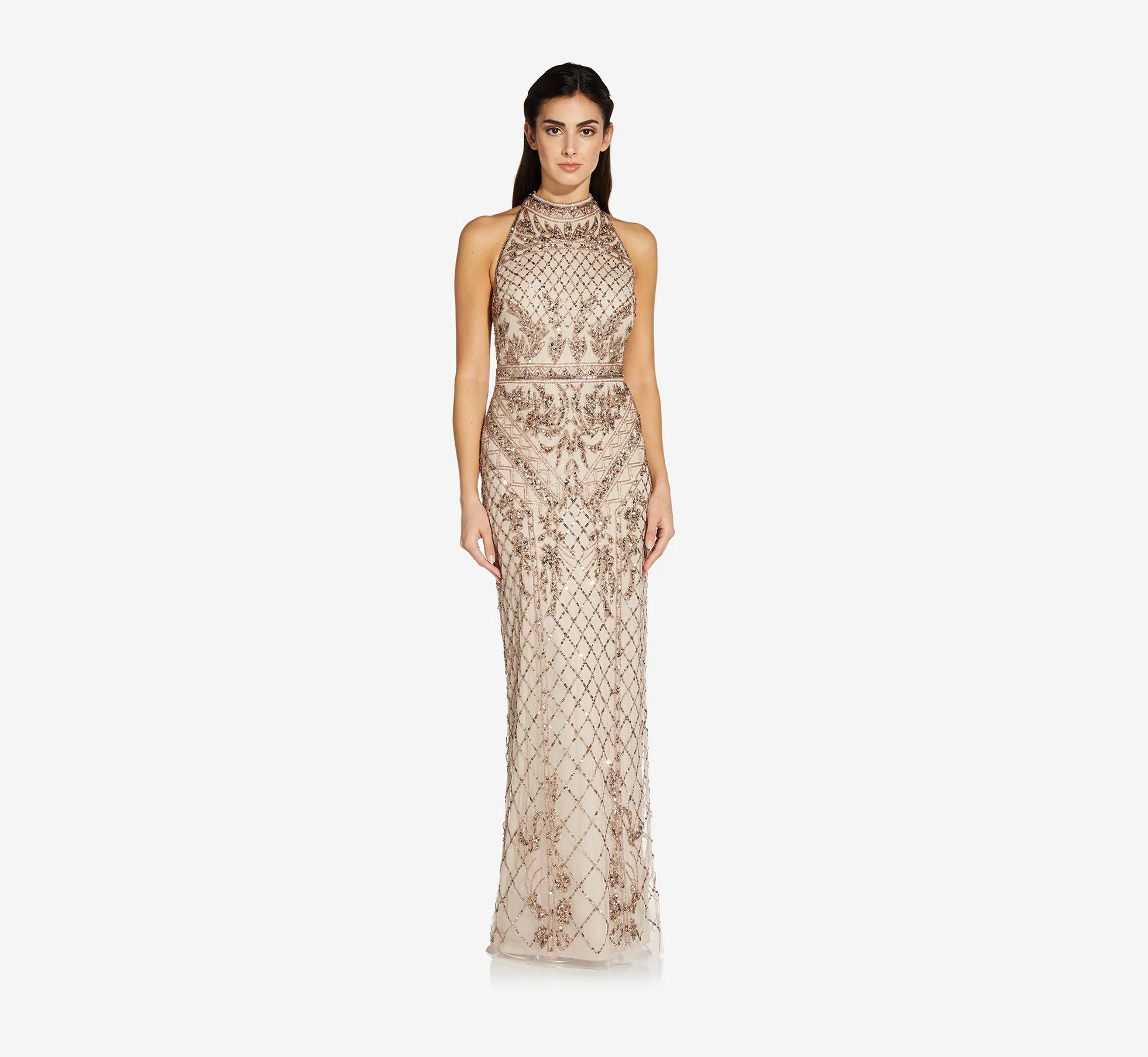 Mock Neck Beaded Column Dress with T-Back