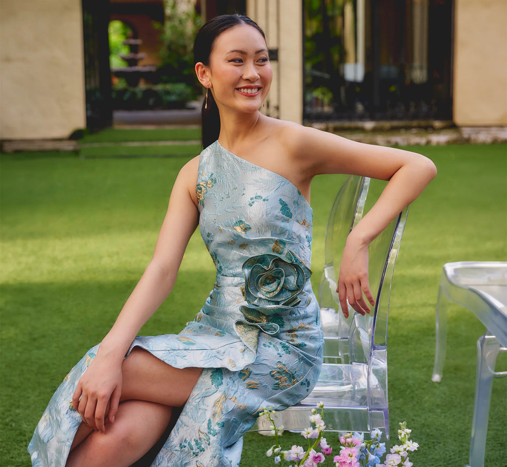 One Shoulder Floral Jacquard Rosette Gown In Blue Multi