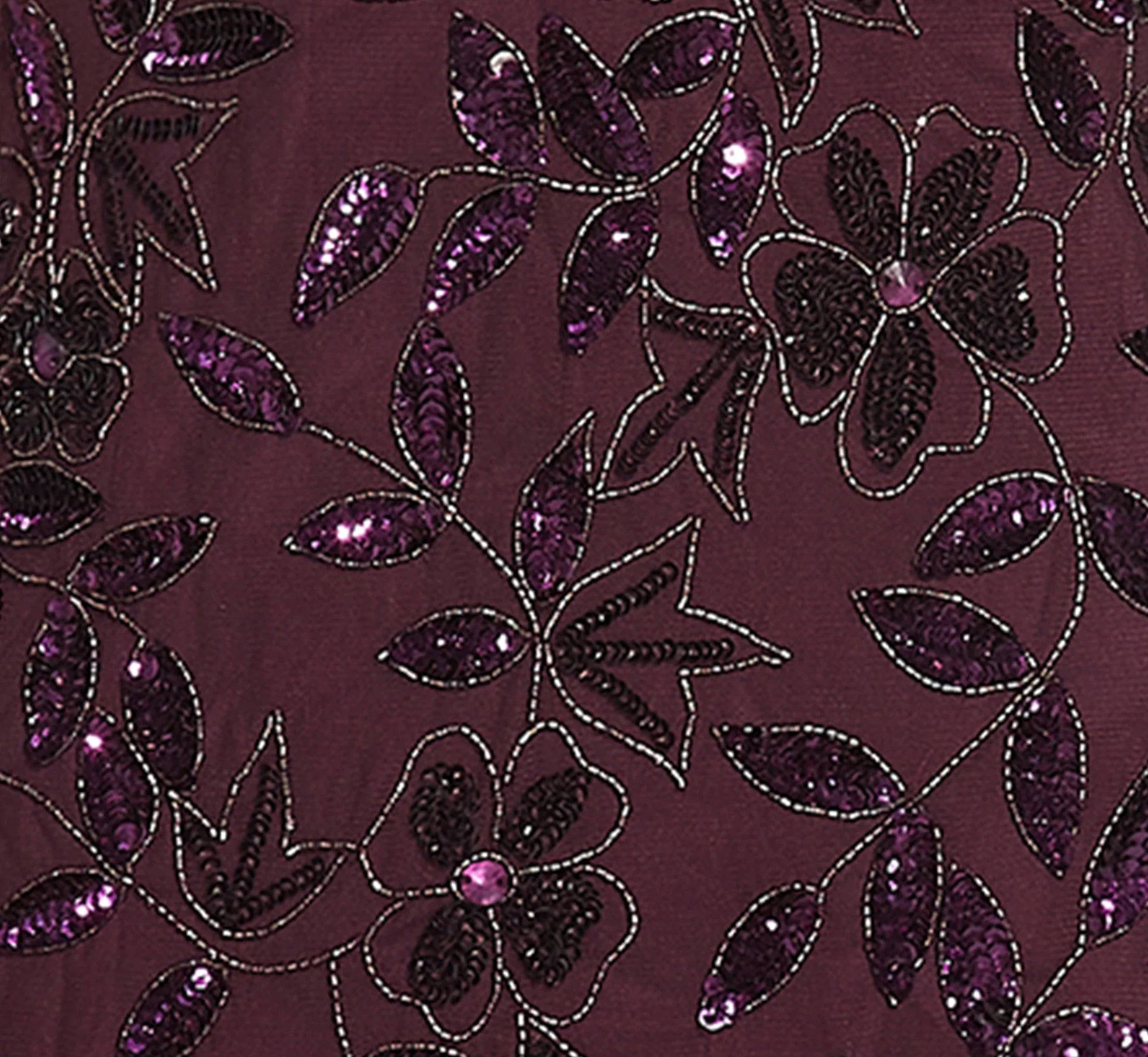 Plus Size Hand Beaded Short Sleeve Floral Godet Gown In Night Plum