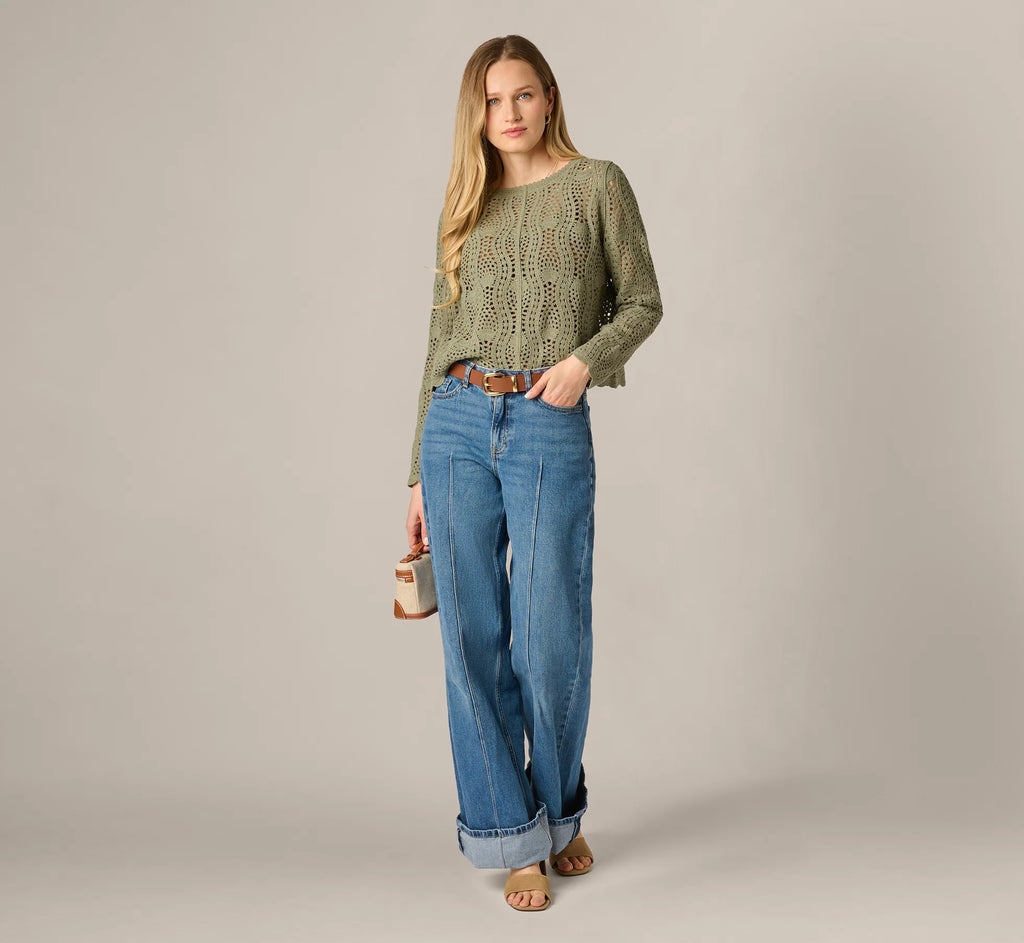 Long Sleeve Open Crochet Sweater In Sage Moss