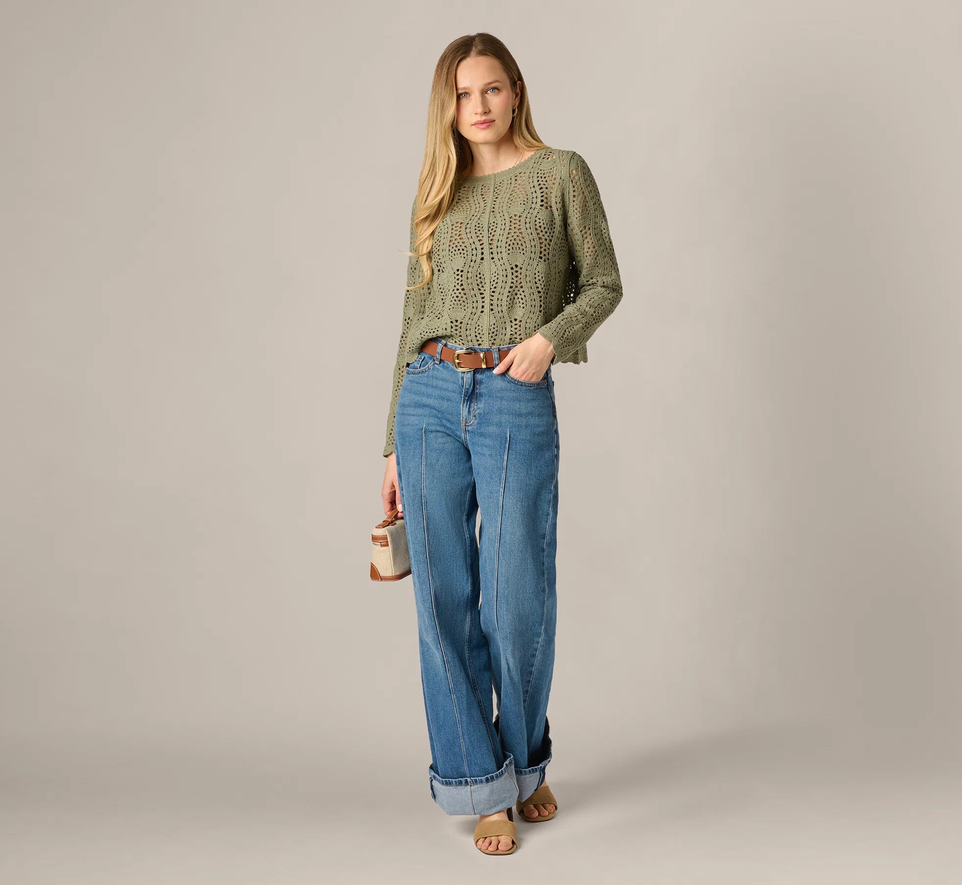 Long Sleeve Open Crochet Sweater In Sage Moss