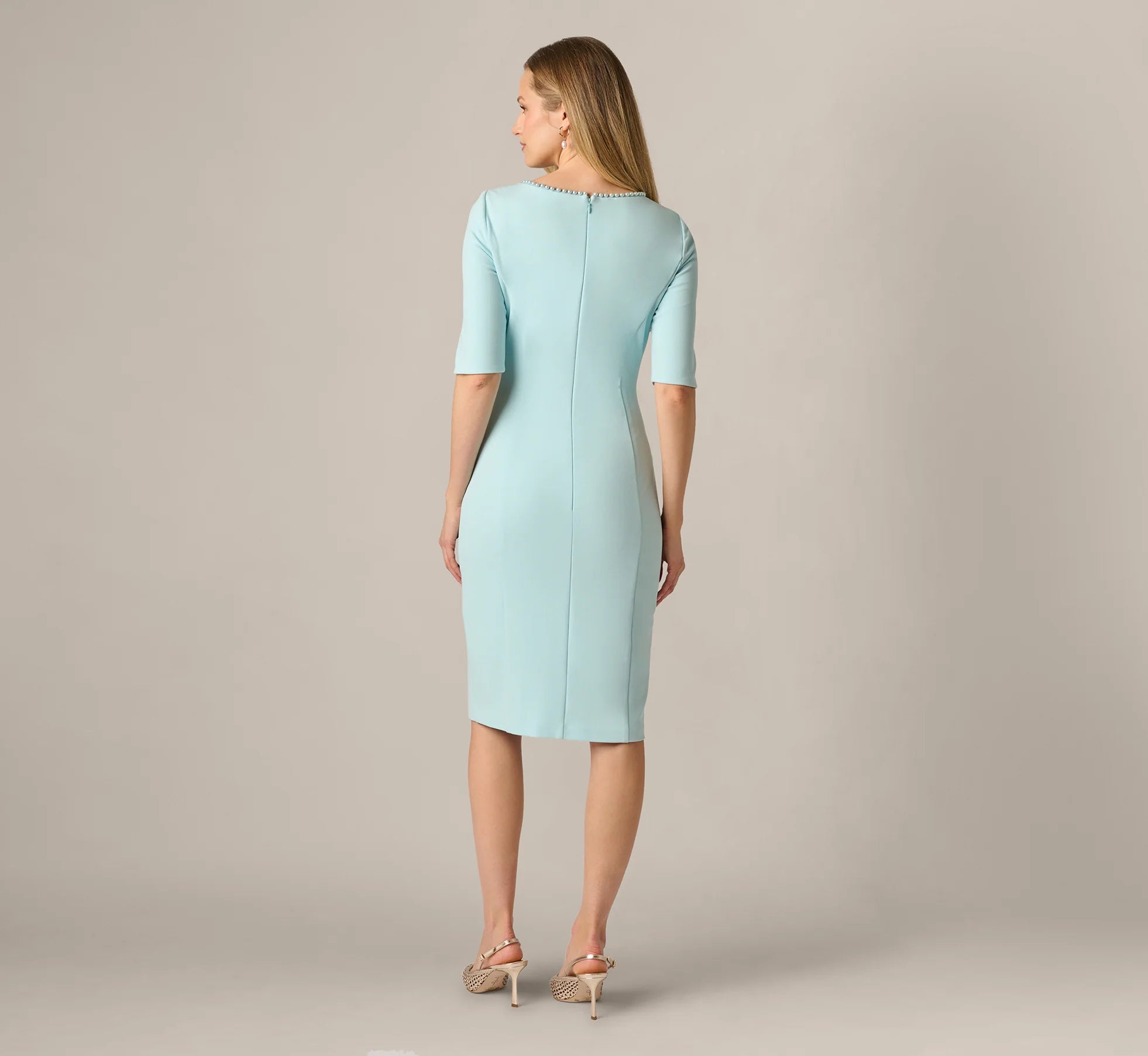 Short Split Sleeve Pearly Trim Sheath Dress In Clear Sky