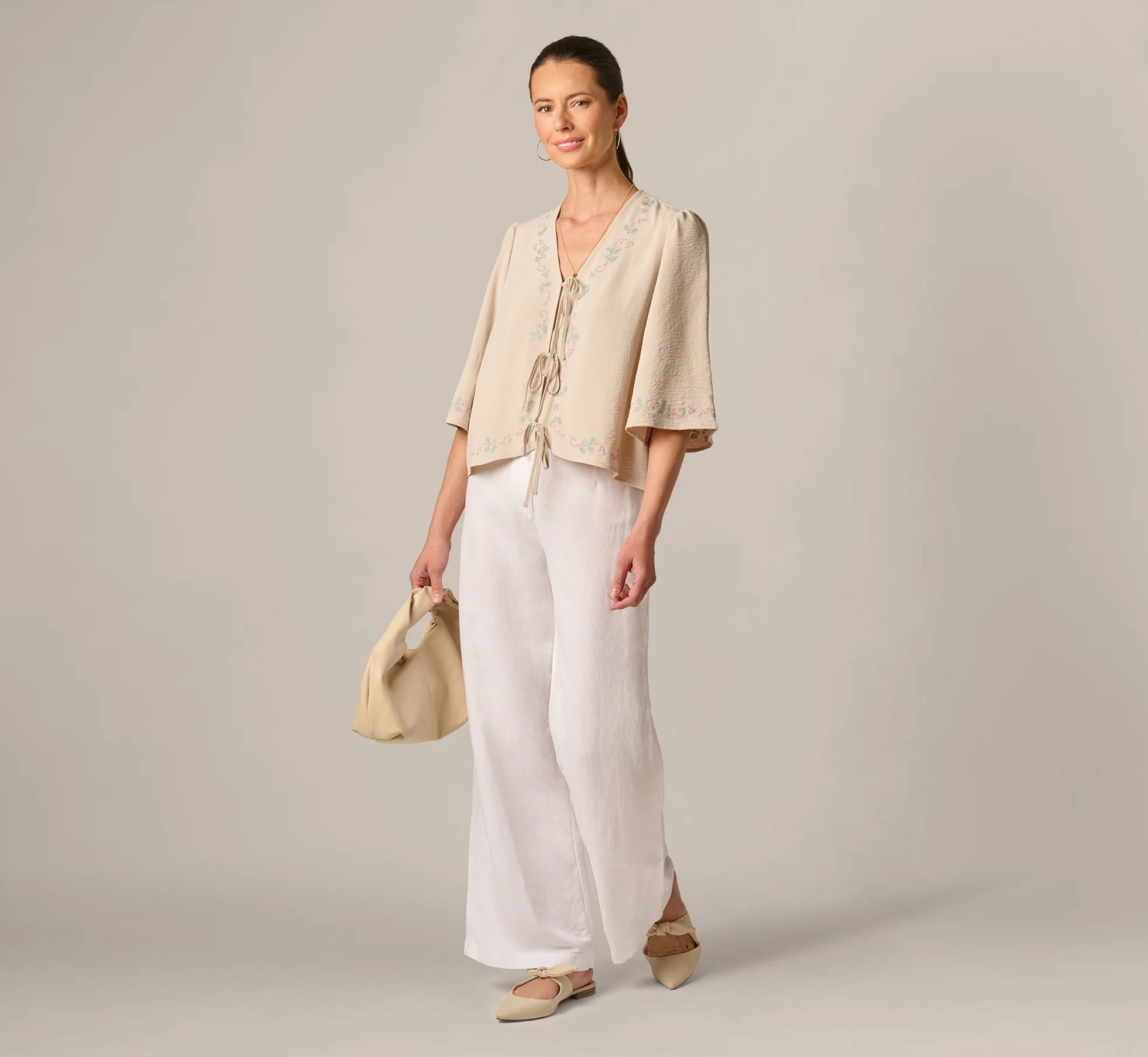 Bell Sleeve Floral Embroidered Tie Front Top In Pebble