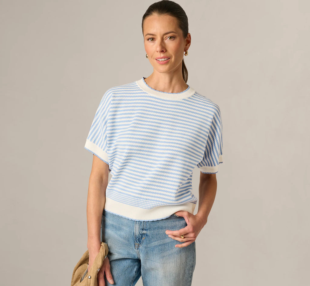 Dolman Sleeve Scalloped Trim Sweater In Ivory Classic Blue