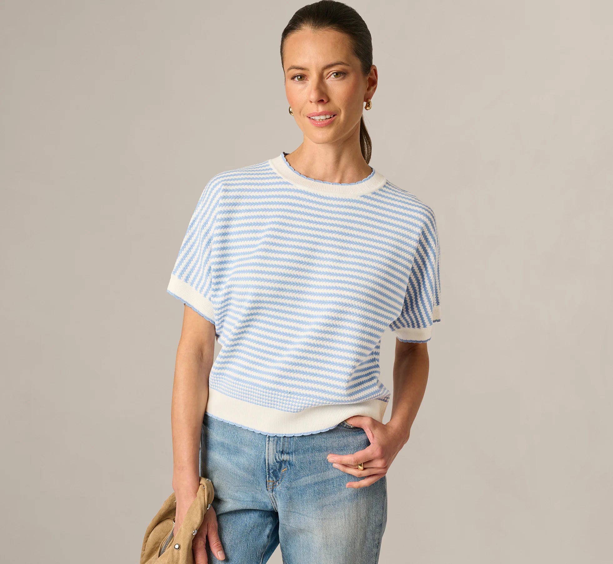 Dolman Sleeve Scalloped Trim Sweater In Ivory Classic Blue