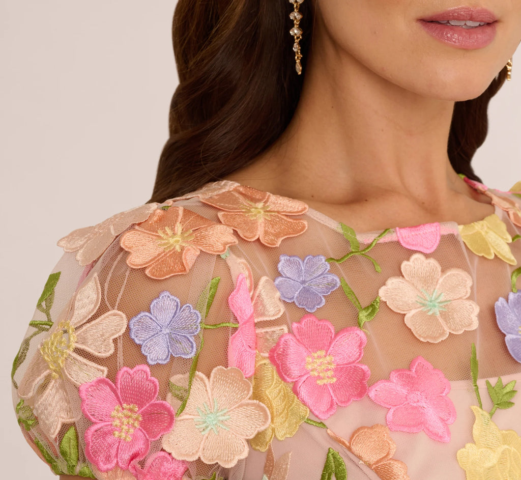 Floral Embroidered Flounce Dress With Sheer Short Sleeves In Nude Multi