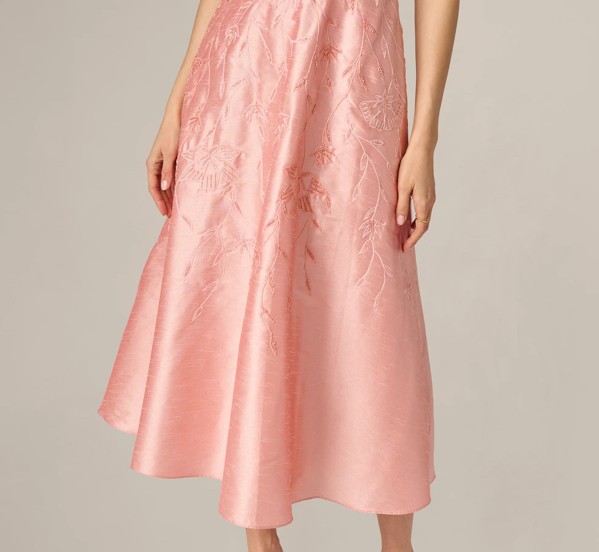 Floral Embroidered Dupioni A Line Midi Dress In Light Pink