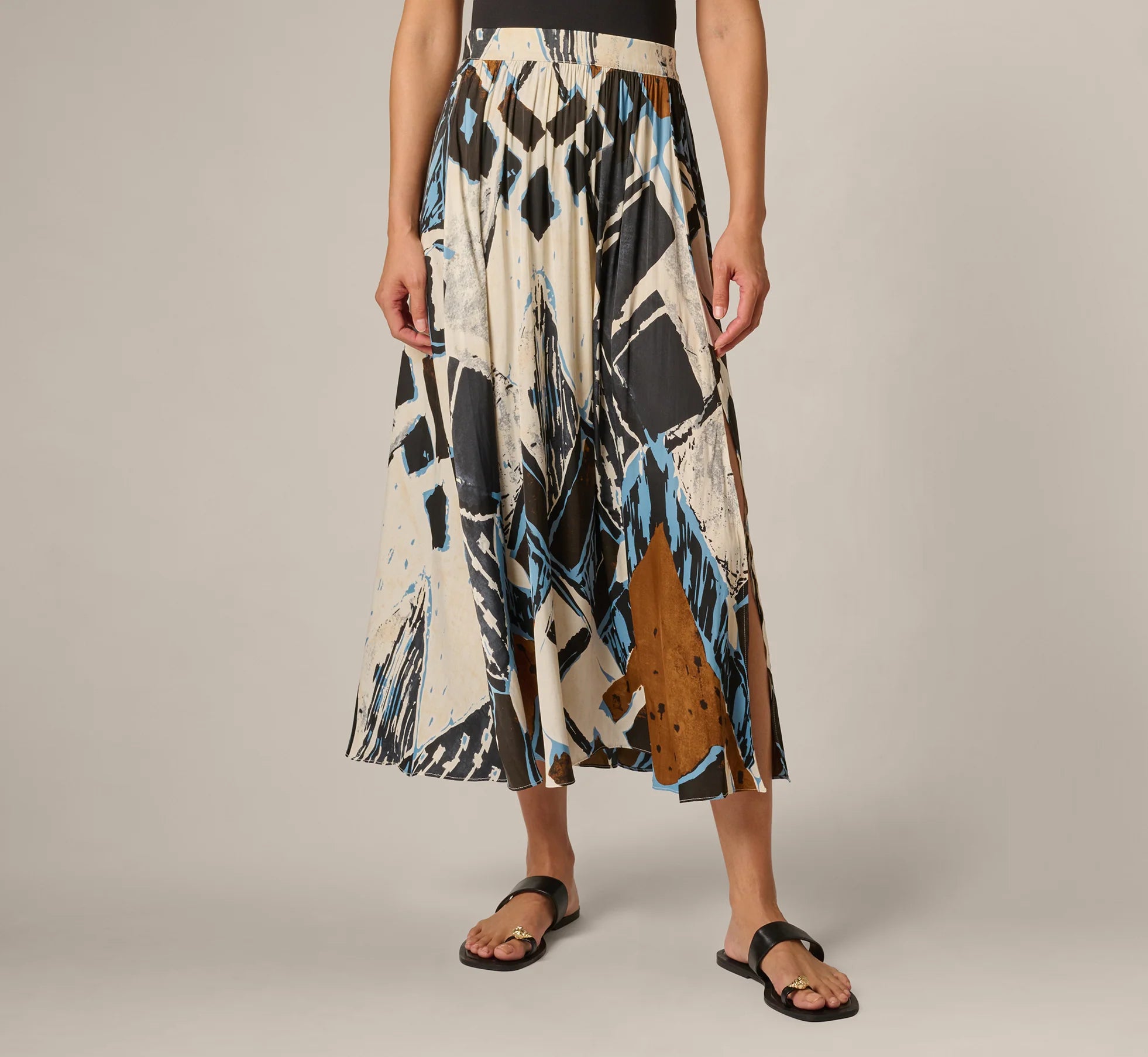 Printed Side Slit A Line Midi Skirt In Blue Diamond Tiki