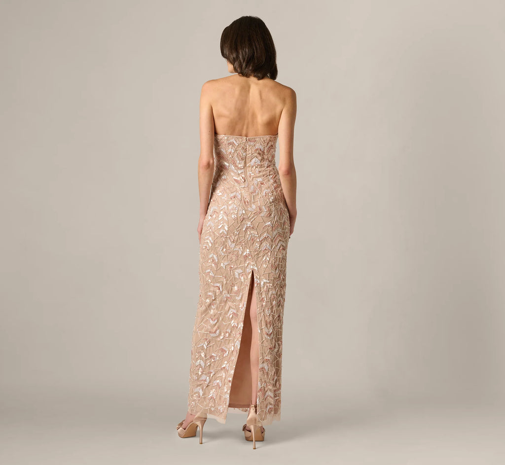 Sequin Beaded Leaf Halter Gown In Rose Quartz