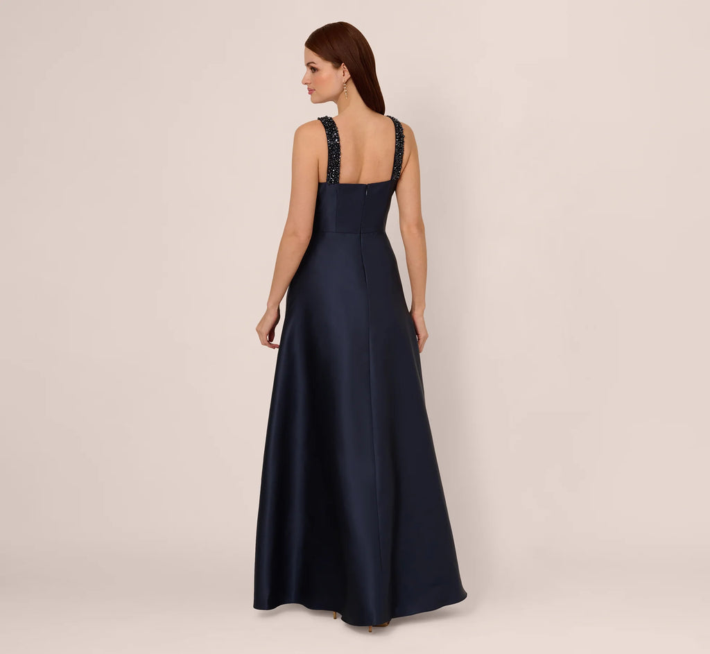 Sleeveless Beaded Mikado Fit And Flare Gown In Midnight