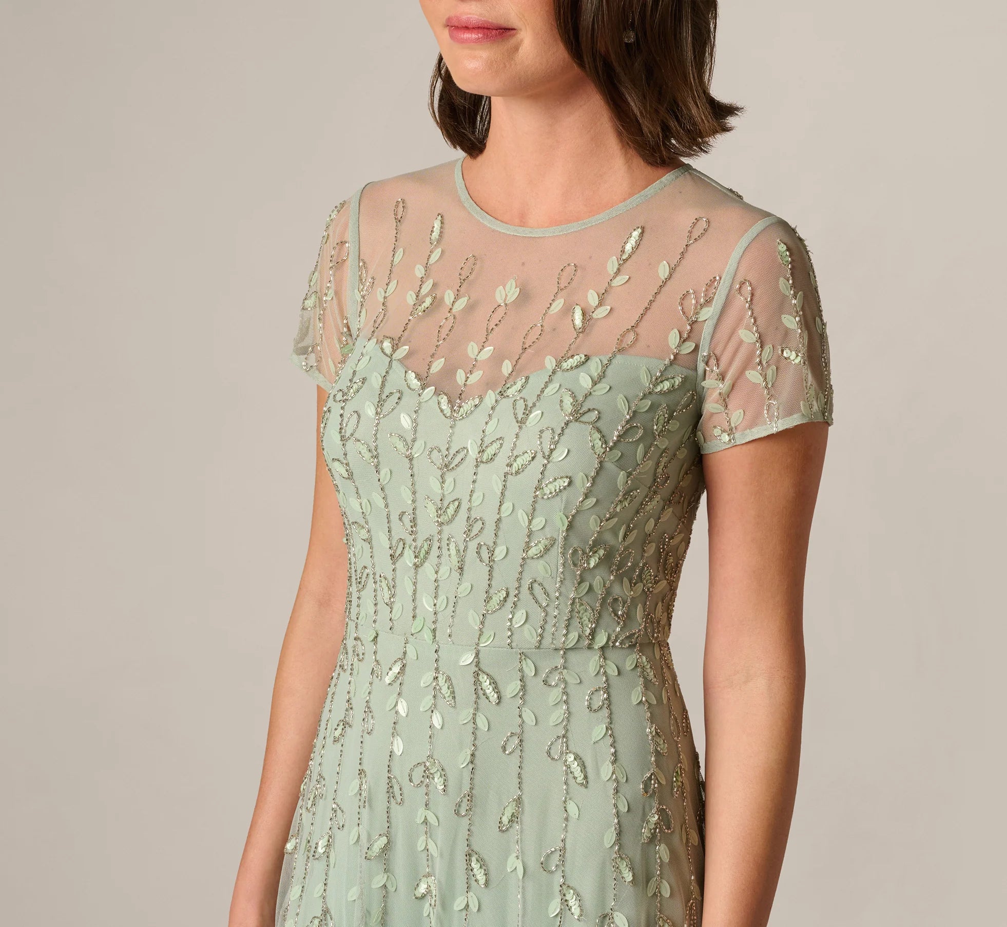 Short Sleeve 3D Beaded Vine Gown In Icy Sage