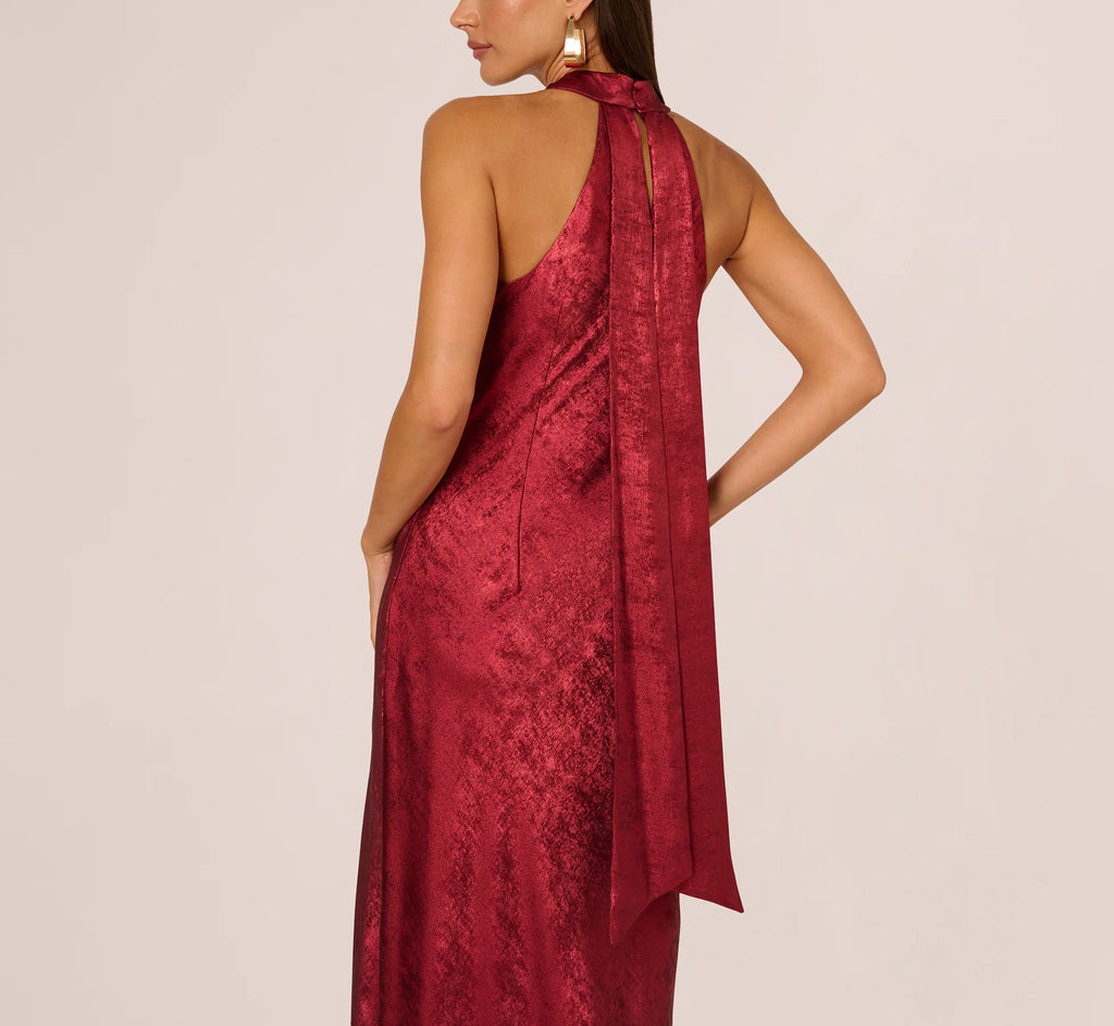 Foiled Mermaid Gown With Halter Neckline In Wine