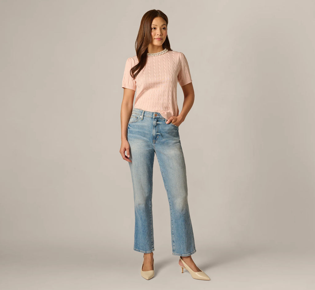 Short Sleeve Beaded Collar Pullover Sweater In Pink Whisper