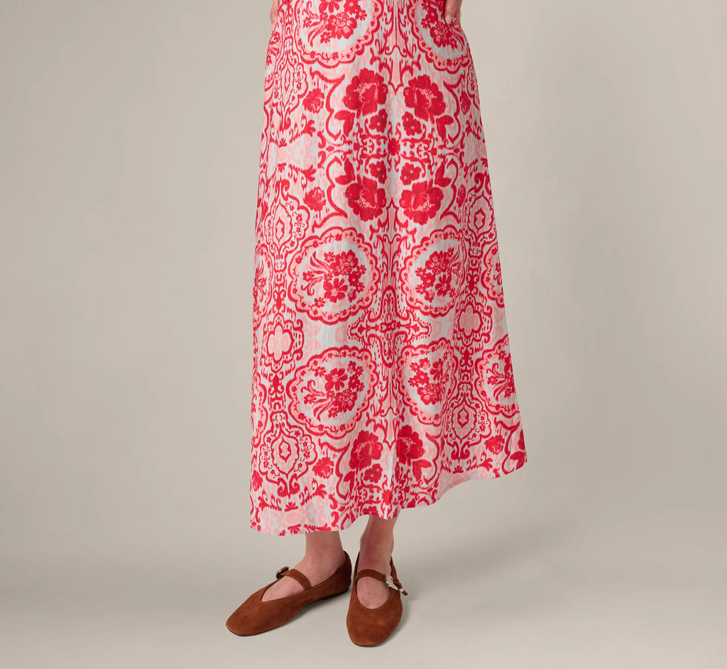 Crochet Trim Ikat Print Midi Sundress In Red Blue