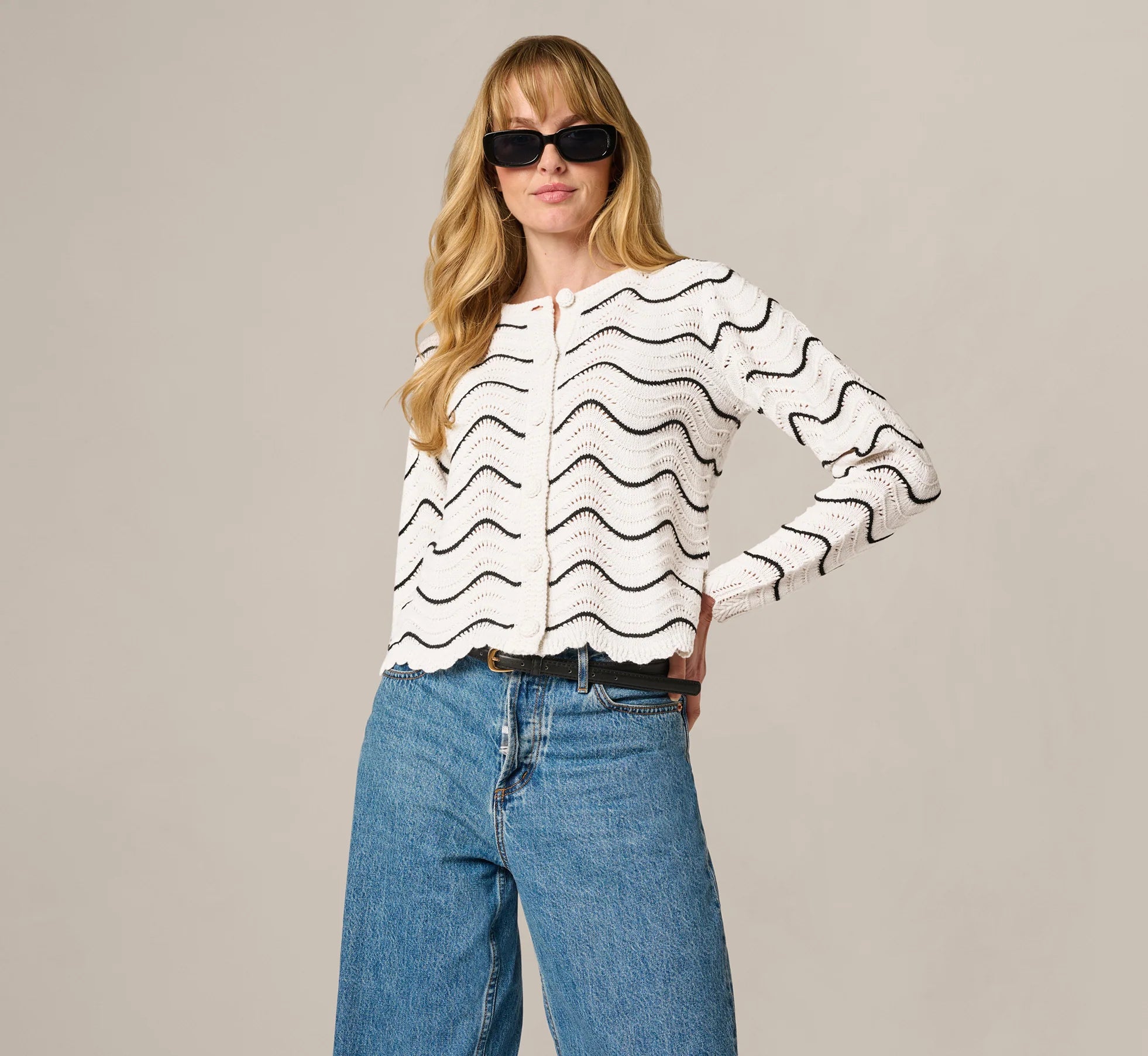 Open Pointelle Scalloped Cardigan Sweater In Glacier Black