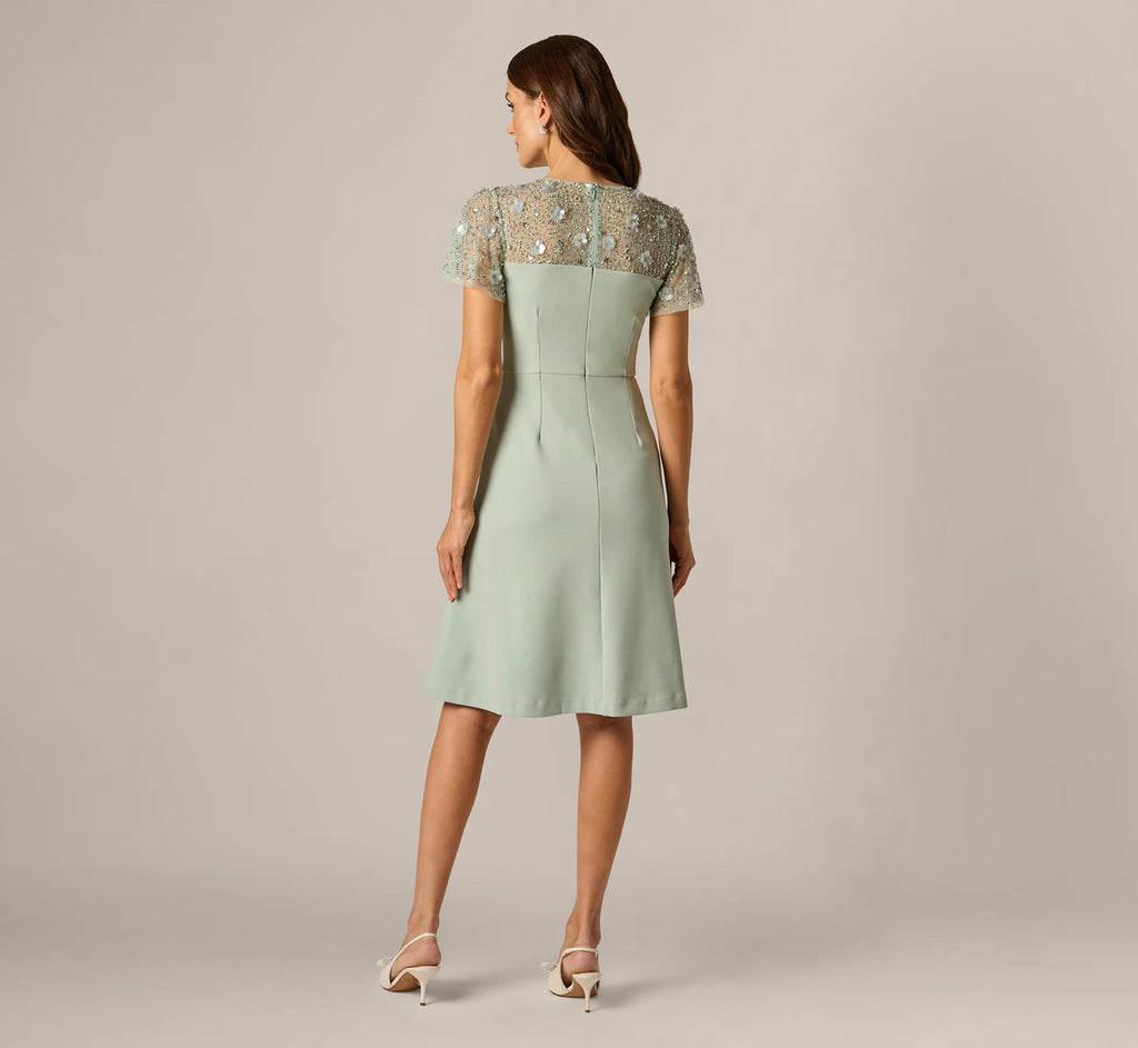 Flutter Sleeve Beaded Illusion Short Dress In Icy Sage