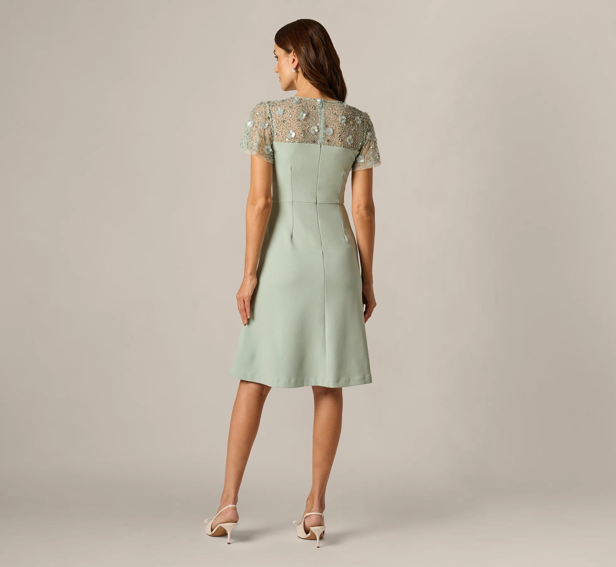 Flutter Sleeve Beaded Illusion Short Dress In Icy Sage