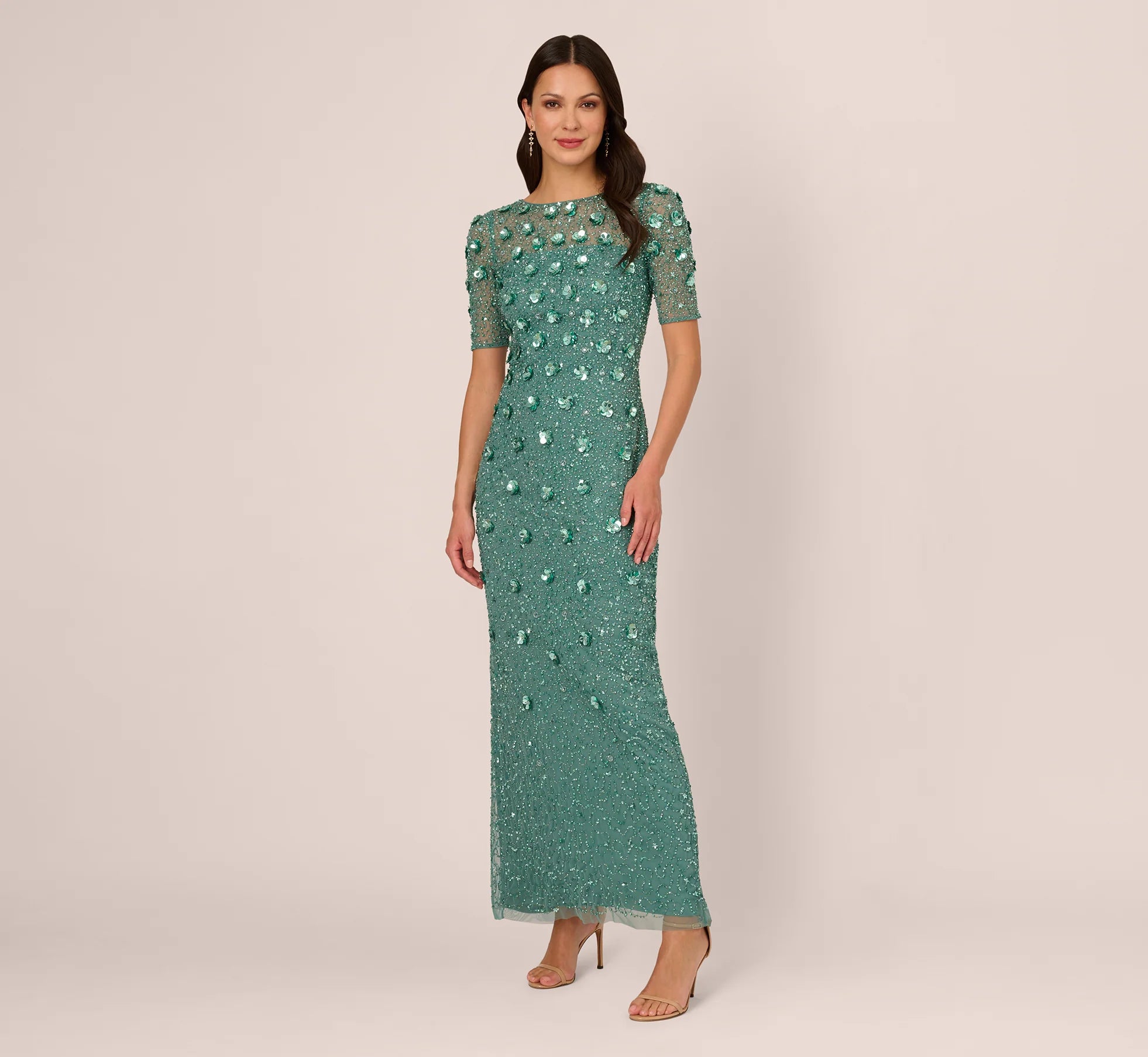 Long Hand Beaded 3D Floral Dress With Elbow Sleeves In Green Slate