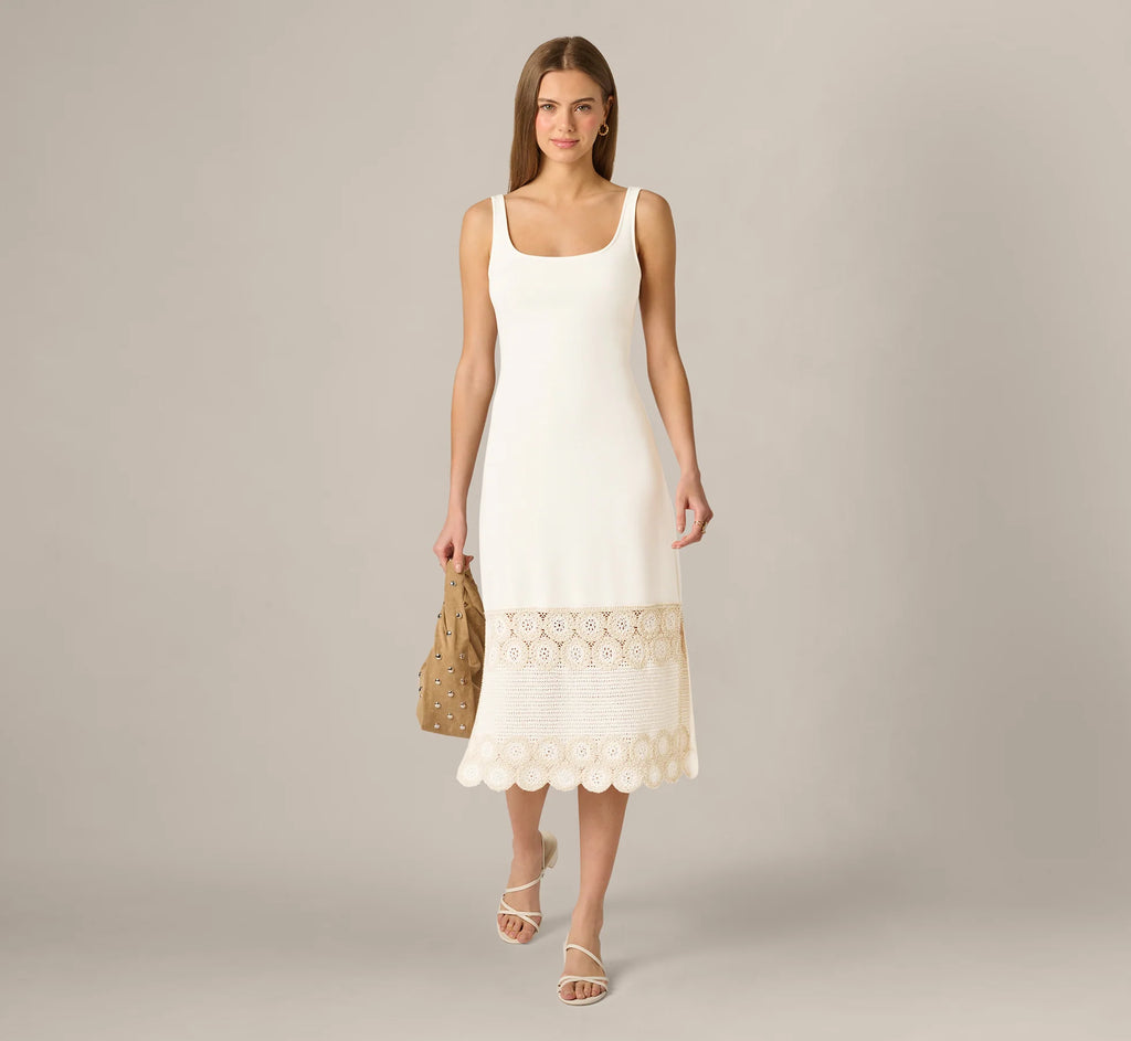 Crochet Trimmed Sheath Midi Dress With Tank Straps In Ivory