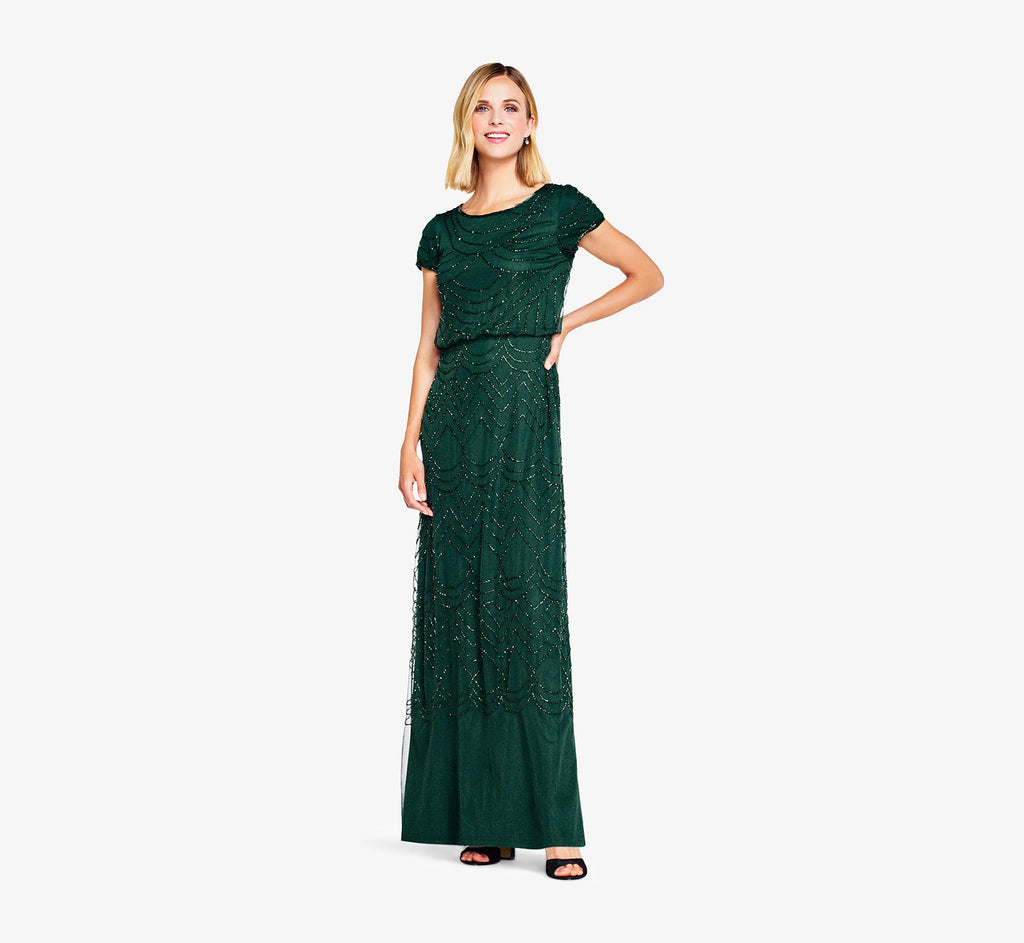 Short Sleeve Beaded Blouson Gown In Dusty Emerald