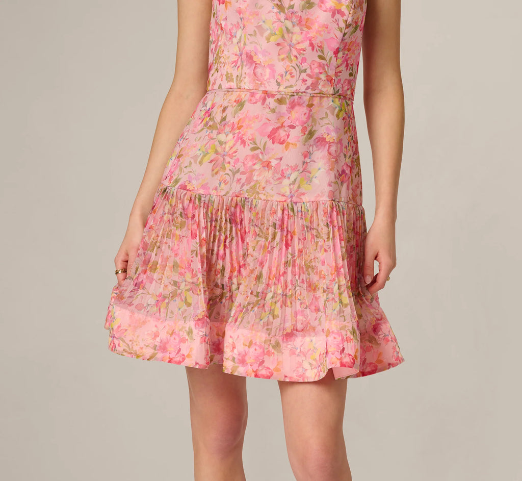 Strapless Floral Organza Pleated Short Dress In Pink Multi