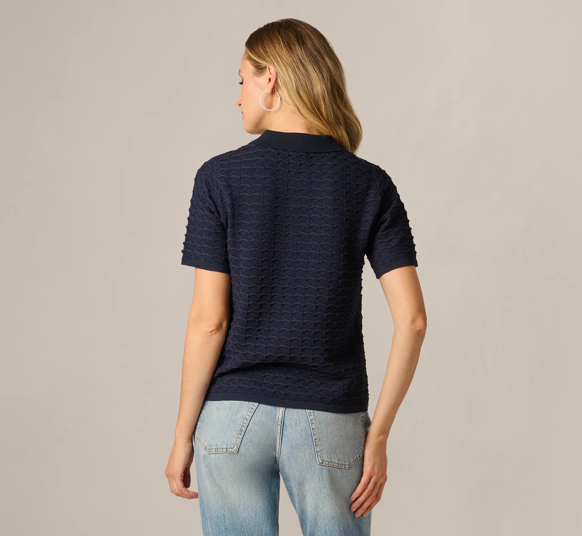 Short Sleeve Open Pointelle Polo Top In Blue Moon