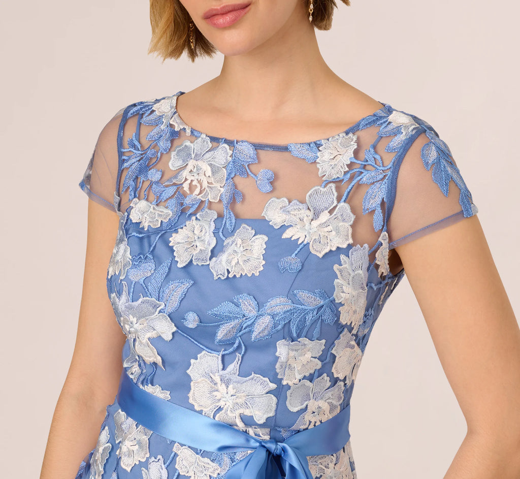 Short Sleeve Floral Embroidered Gown With Ribbon Tie Waist In French Blue Multi
