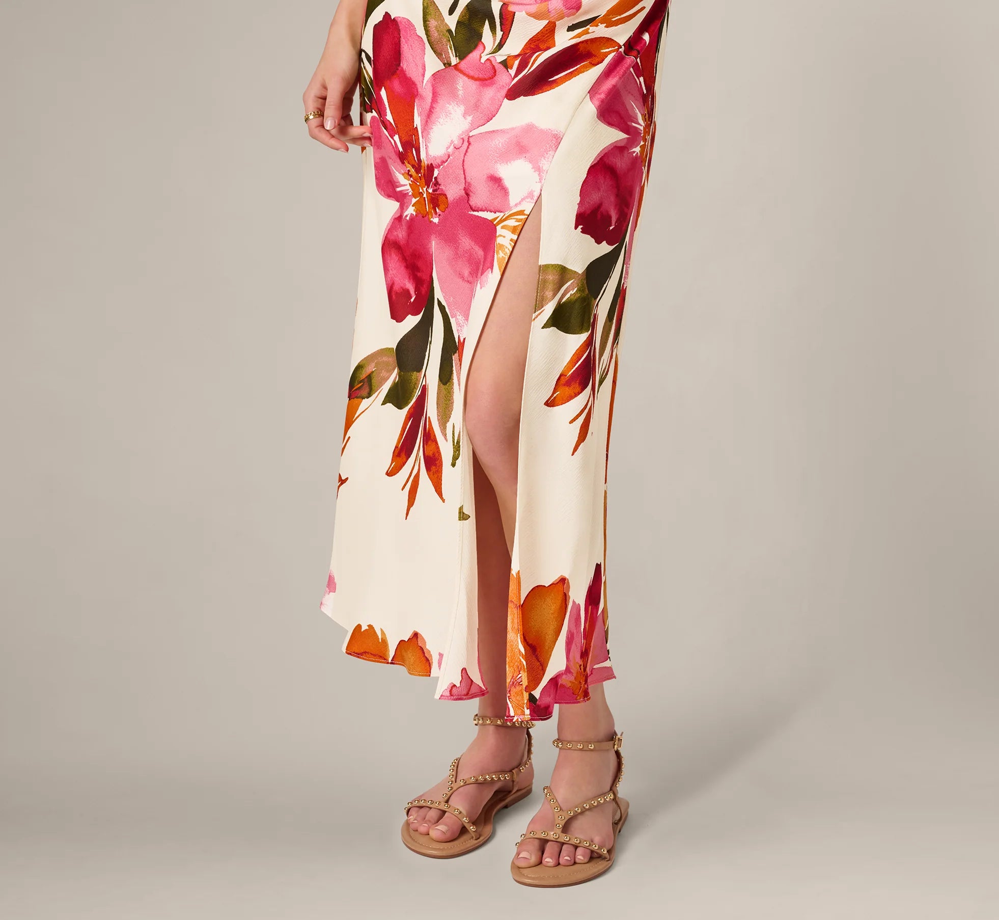 Floral Printed Satin Midi Halter Dress In Champagne Multi