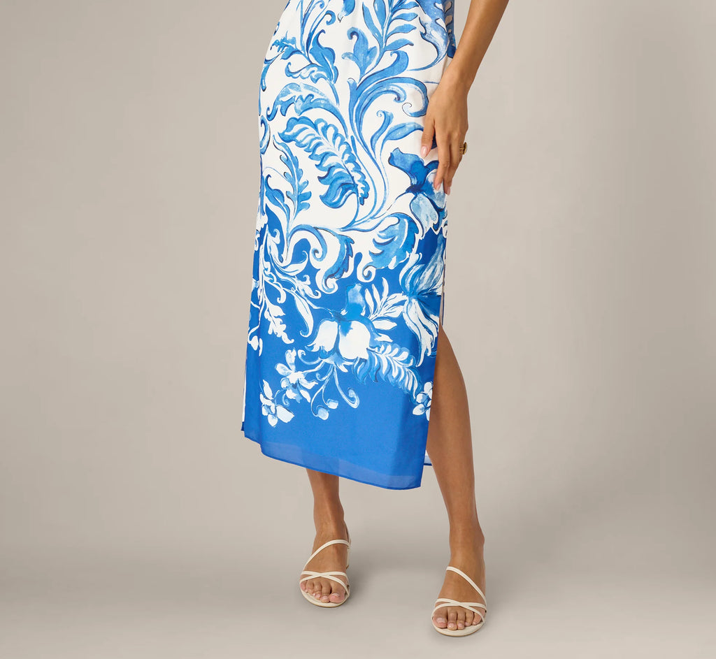 Scroll Print Chain Halter Midi In Ivory Blue