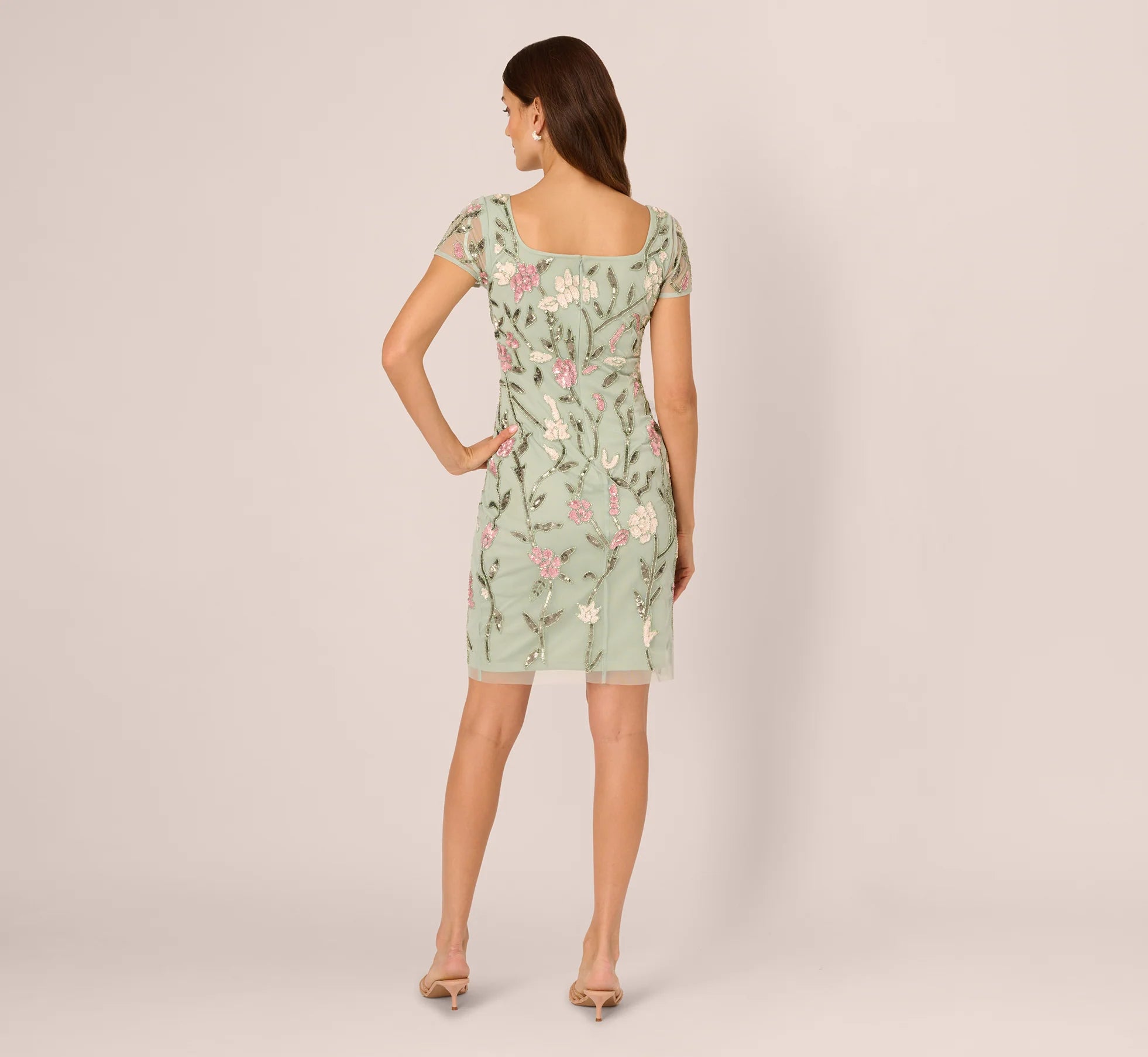 Short Sleeve Floral Beaded Square Neck Cocktail Dress In Icy Sage