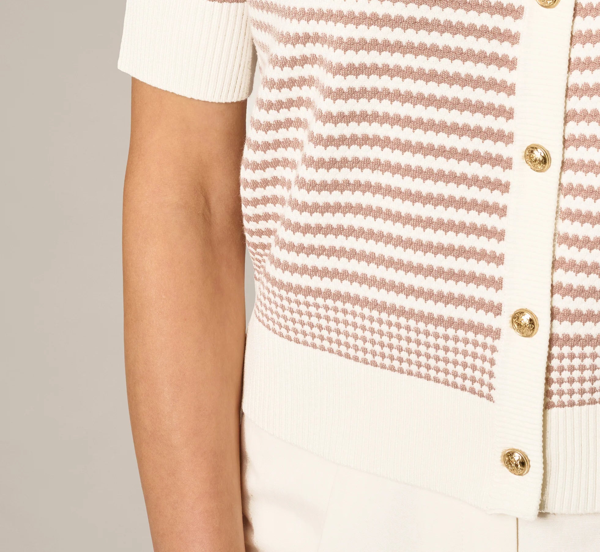 Short Sleeve Metallic Button Cardigan Sweater In Ivory Sand Dune