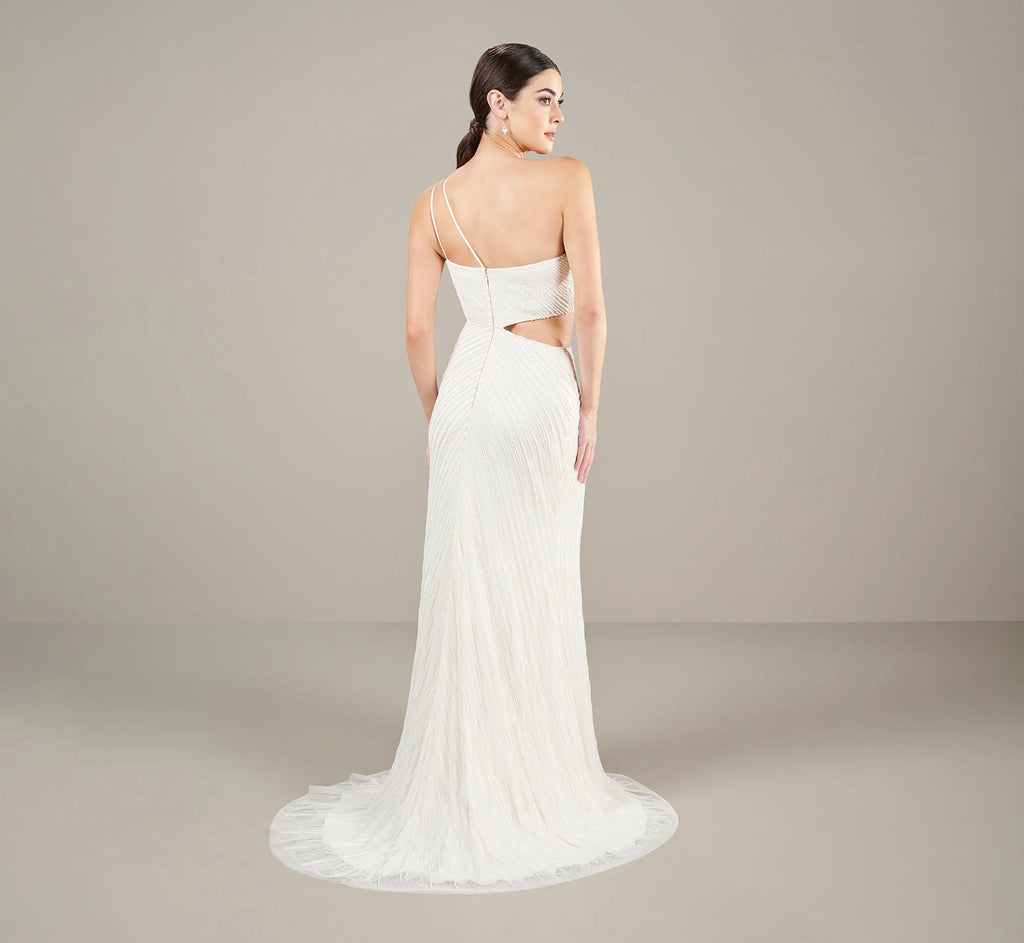 One Shoulder All Over Beaded Gown In Ivory